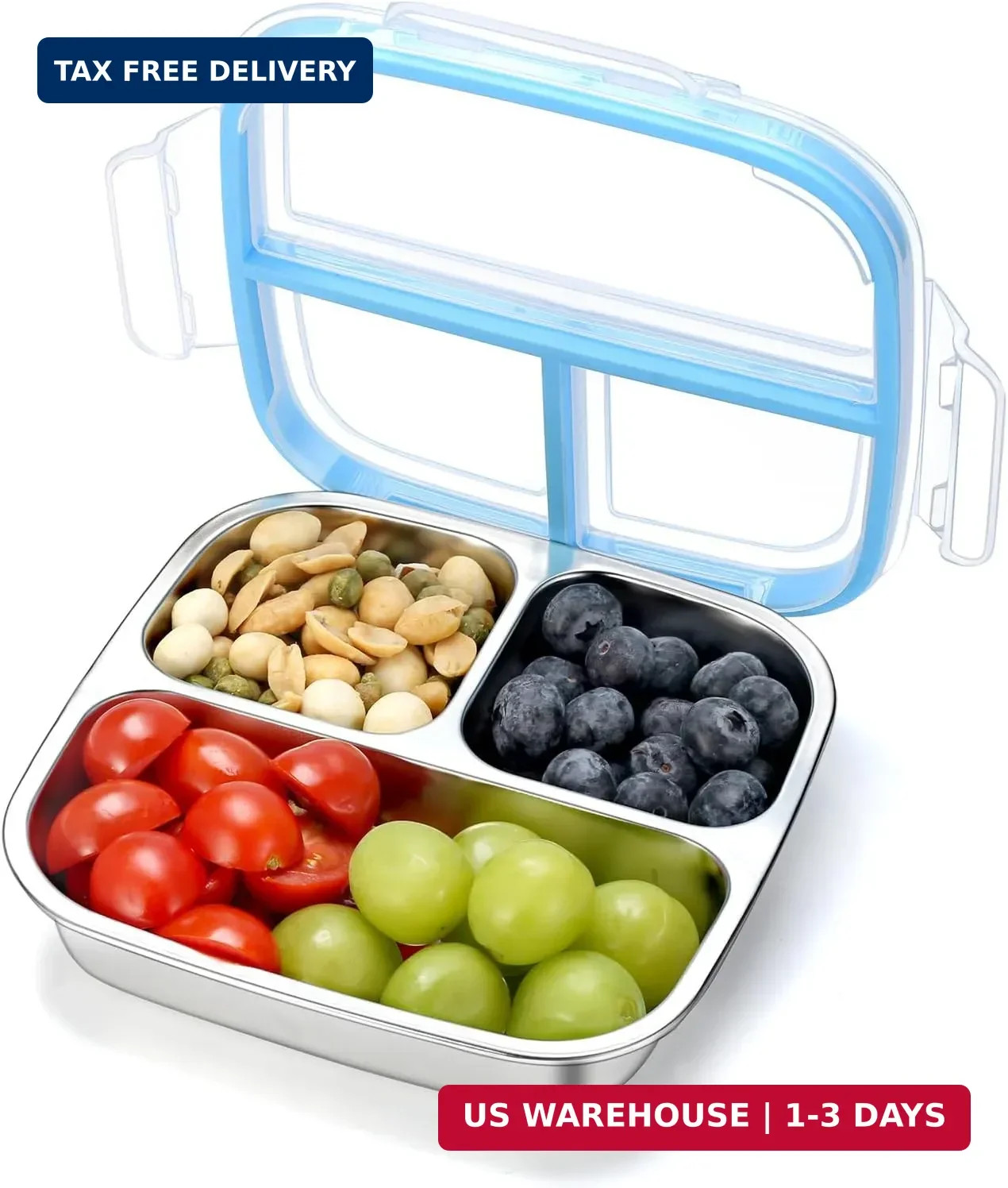 Stainless Steel Snack Containers, 3 Compartments Reusable on and go Bento Box wi
