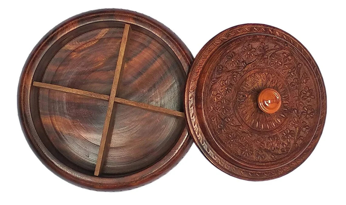Wood Dry Fruit Box Handmade Wooden Large Size Round Food Storage, Spice Box