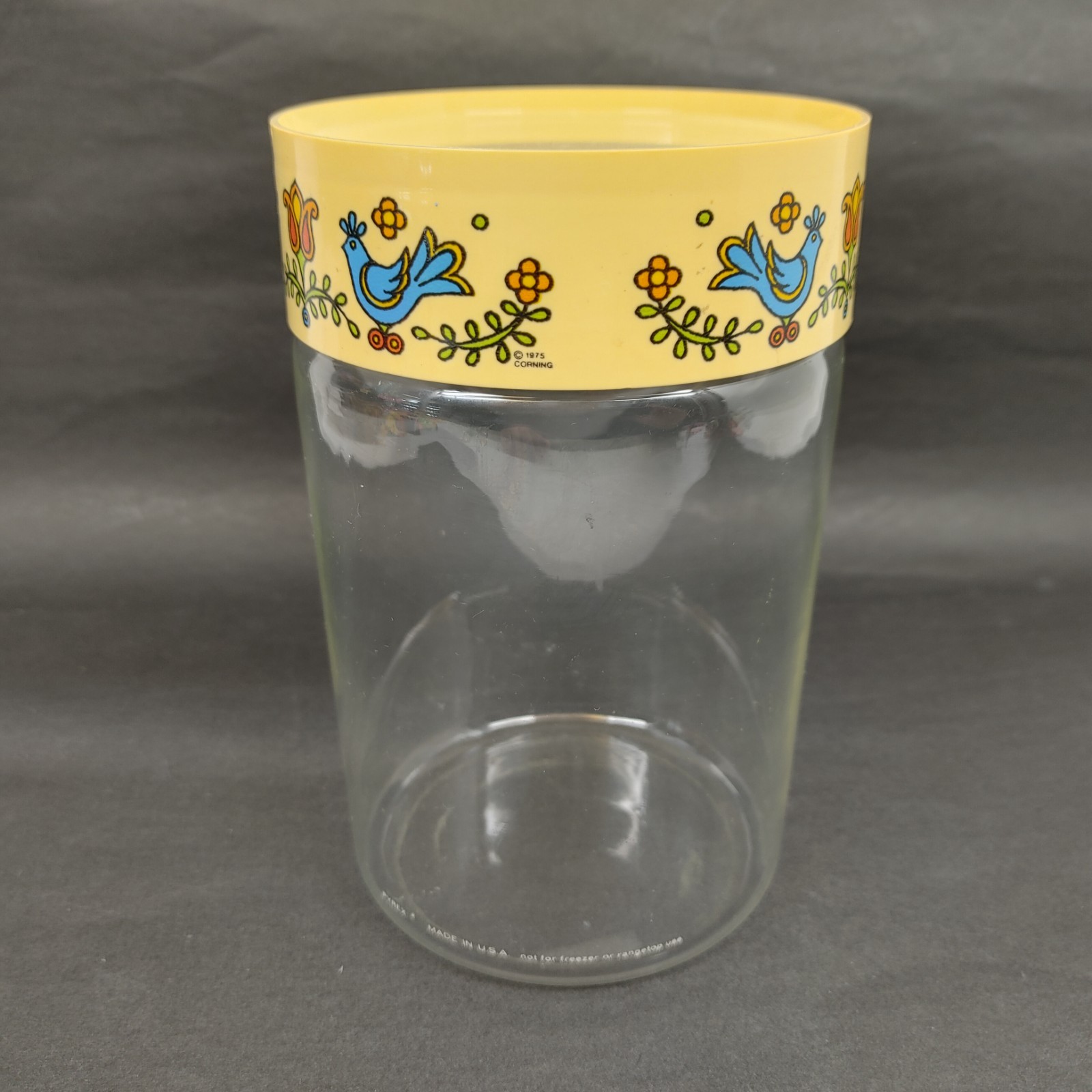 Vintage Pyrex Country Festival Bluebird Storage Glass Container Plastic Lid 1975