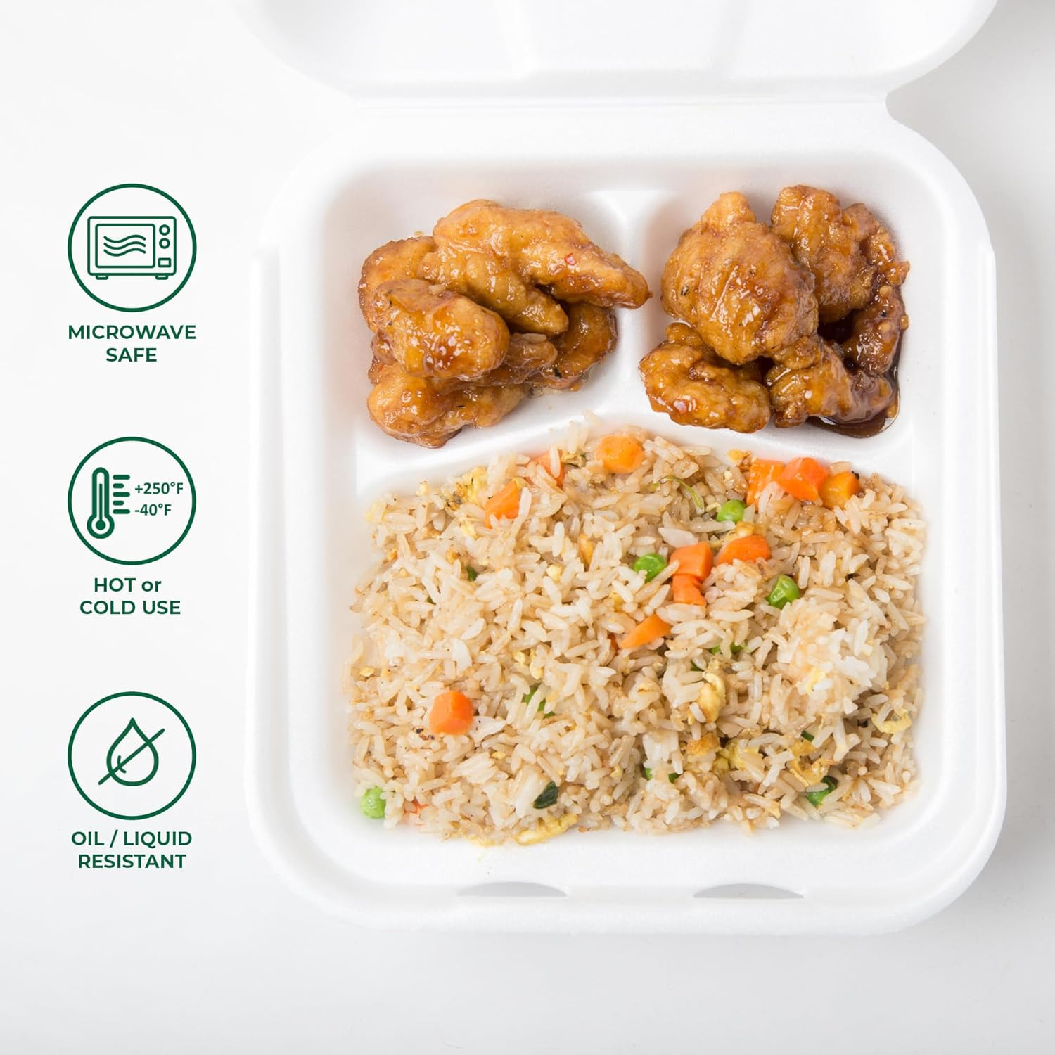 Clamshell Food Containers with Lids [8X8″] 3-Compartment 50-Pack