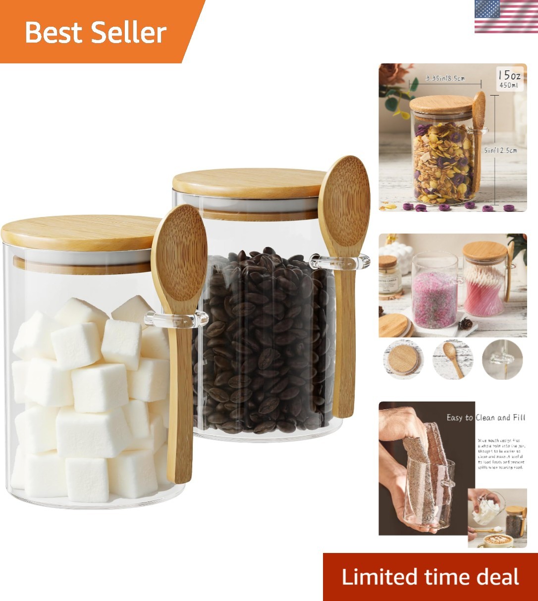Elegant 15oz Glass Sugar Jar with Bamboo Lid & Spoon – Airtight Kitchen Canister