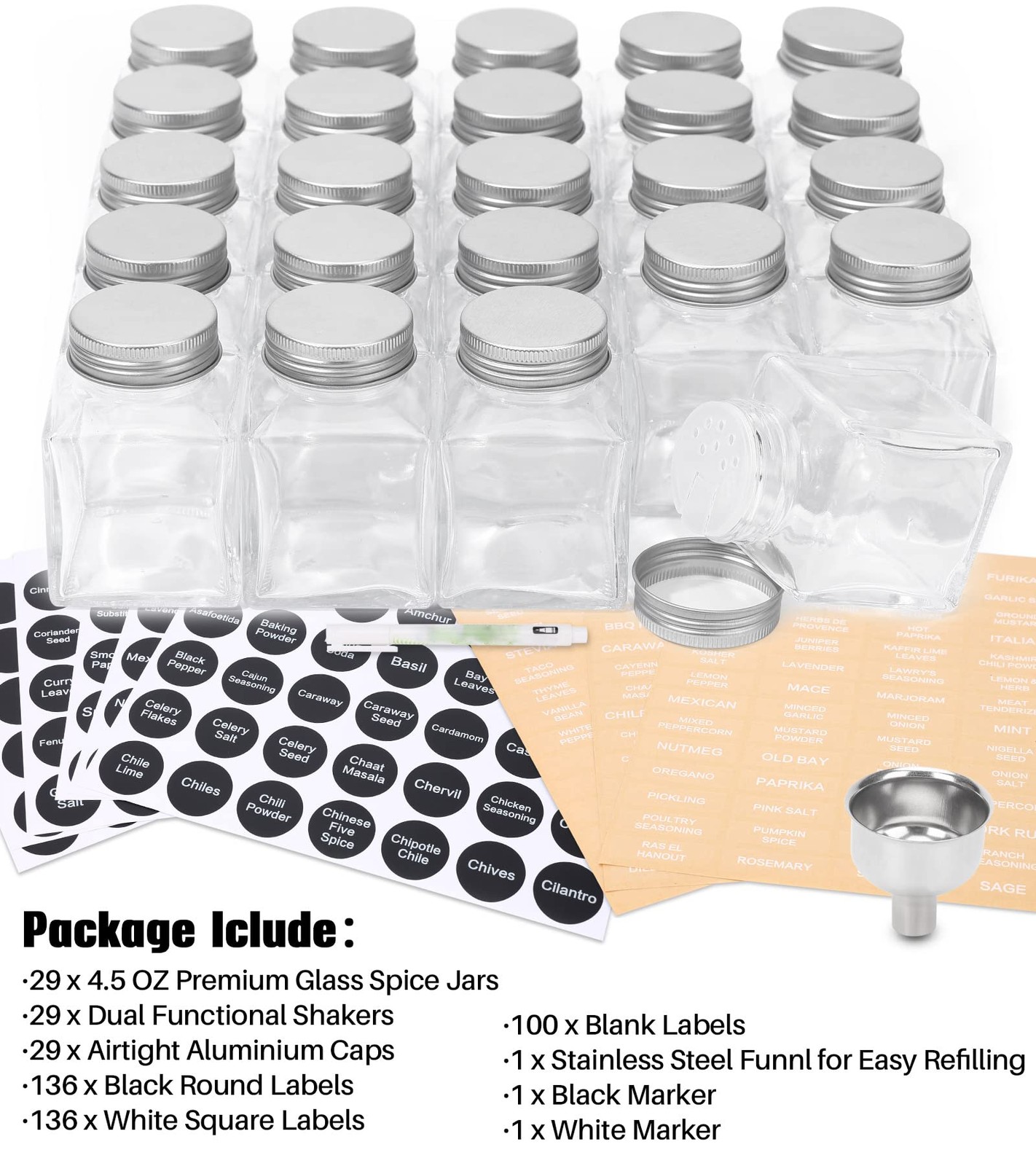 Unique Design Spice Jars with 372 Labels, 29-Pack 4.5 oz Personalized Cubic C…