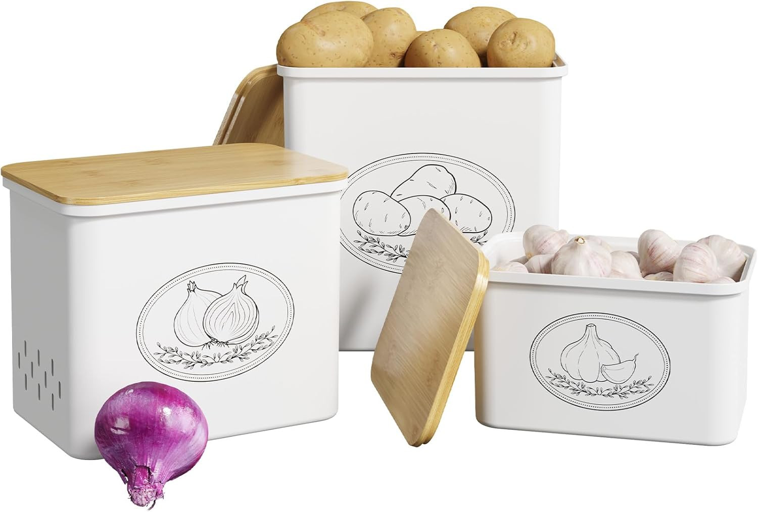 Plastic Potato and Onion Storage Bin, Stackable Garlic Keeper with Aerating Hole