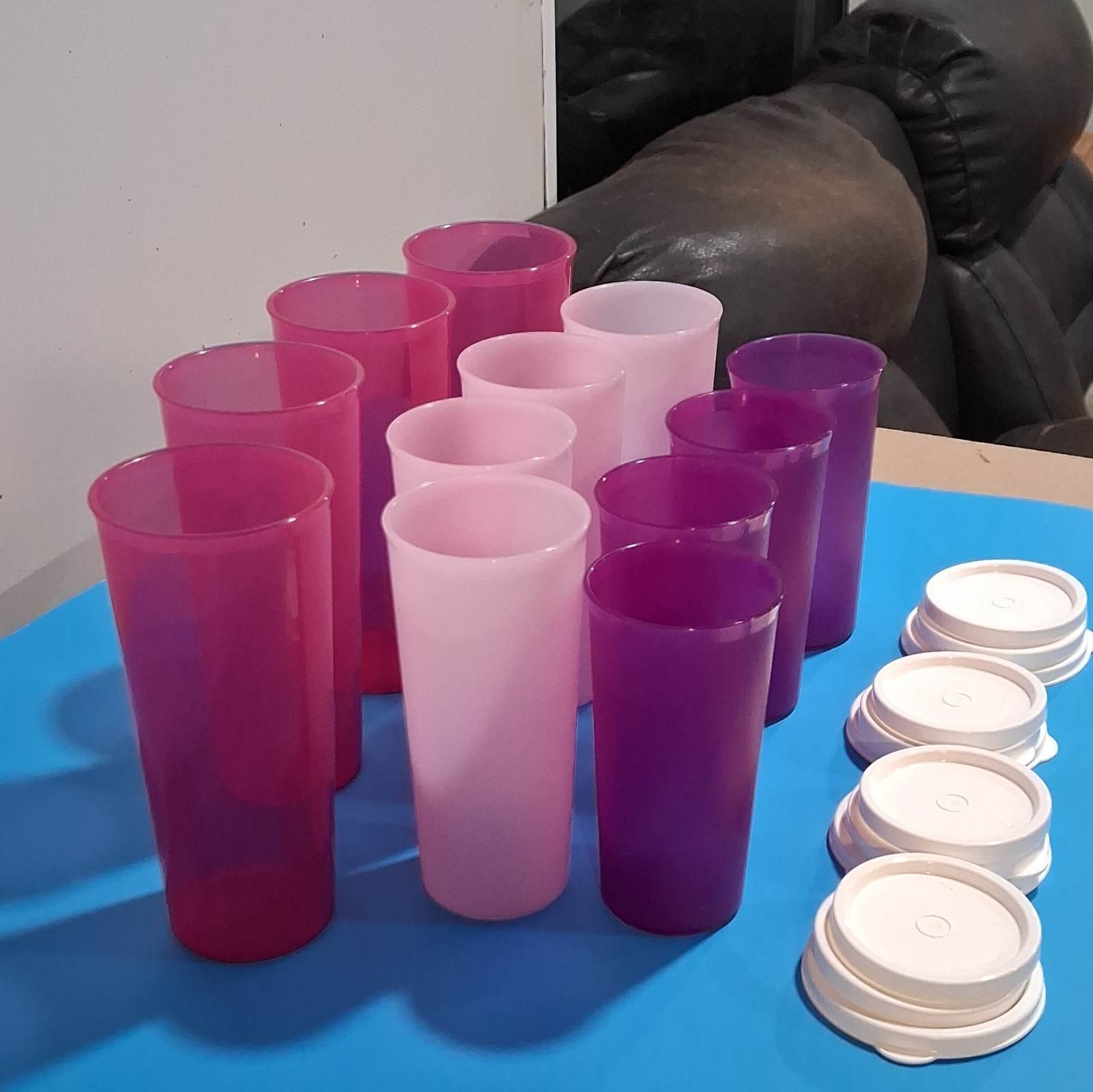 Tupperware 15 oz Stackable Tumblers Pink/Purple w/ White Snap Lids Set of 12