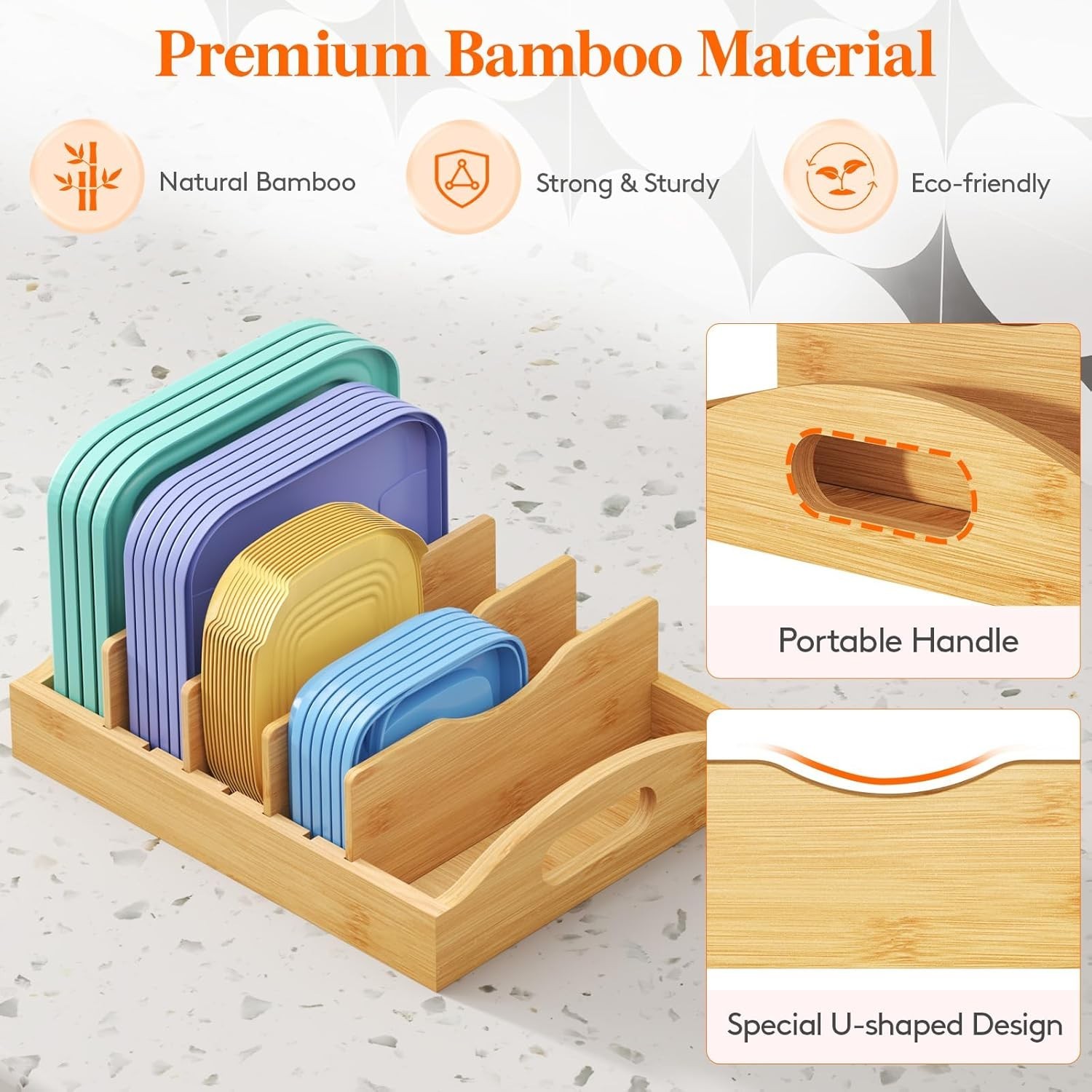 Bamboo Lid Organizers Inside Cabinet Food Storage Container Lid Holder W/ 4
