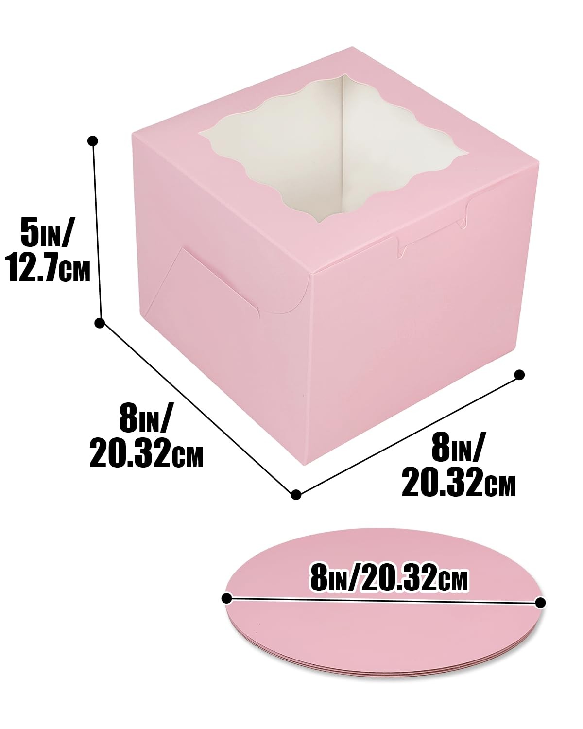 18 Pack 8x8x5 Pink Cake Boxes, Window, 18 Cake Boards Included, Bakery