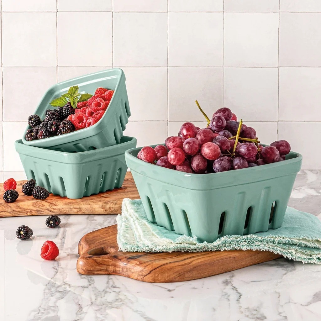 Over&Back 3-pc Farmers Market Nostalgic Berry Baskets Green Ceramic Stoneware
