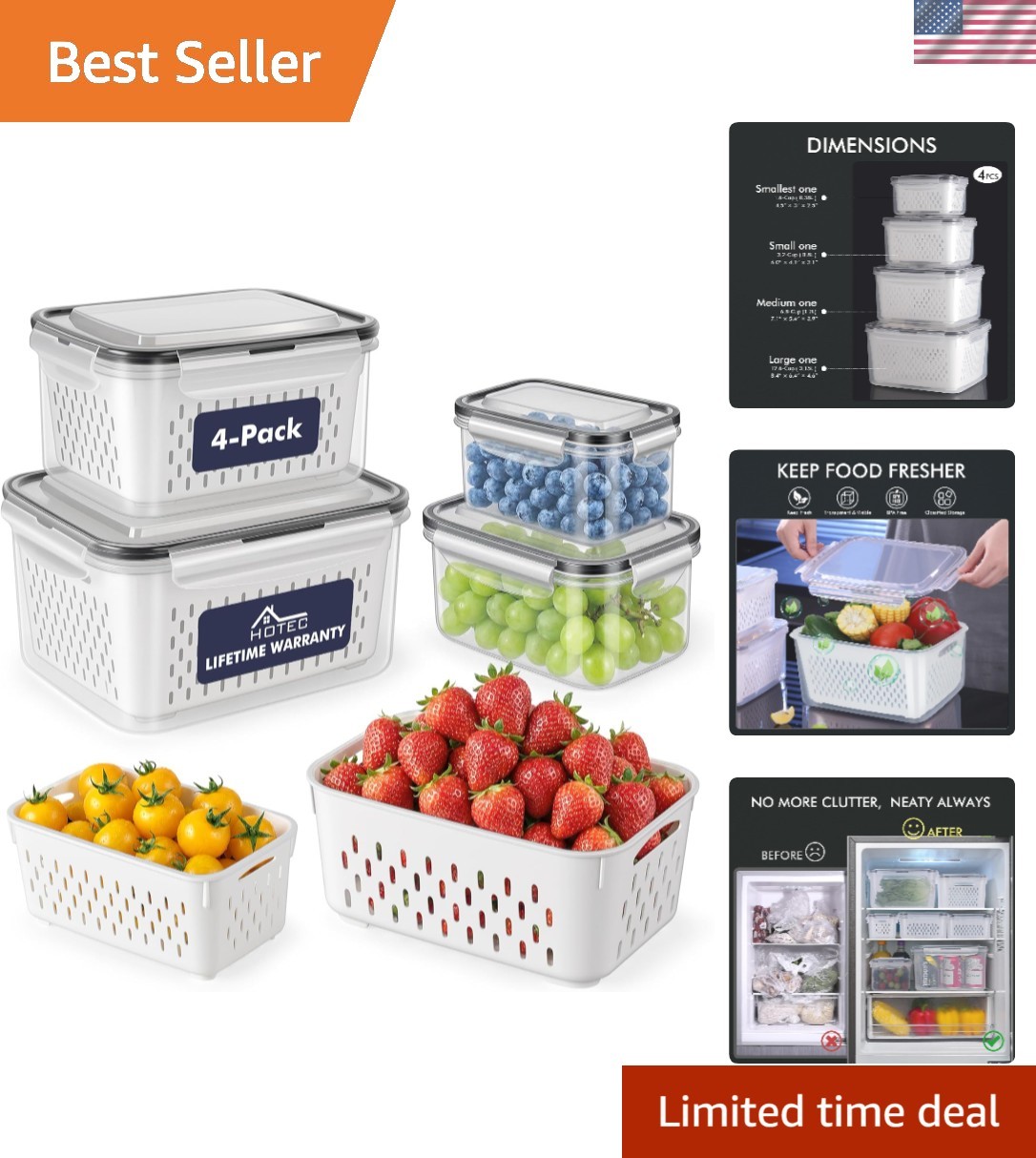 Large Fruit Storage Container Set for Fridge Leakproof BPA Free Microwave Dis…