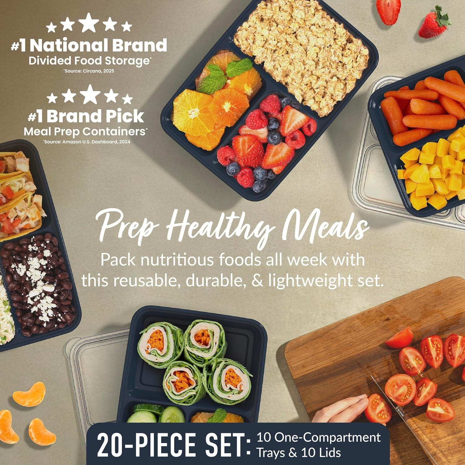 Eco-Friendly 20-Piece Meal Prep Containers with Snap Lids, 3-Compartment Design