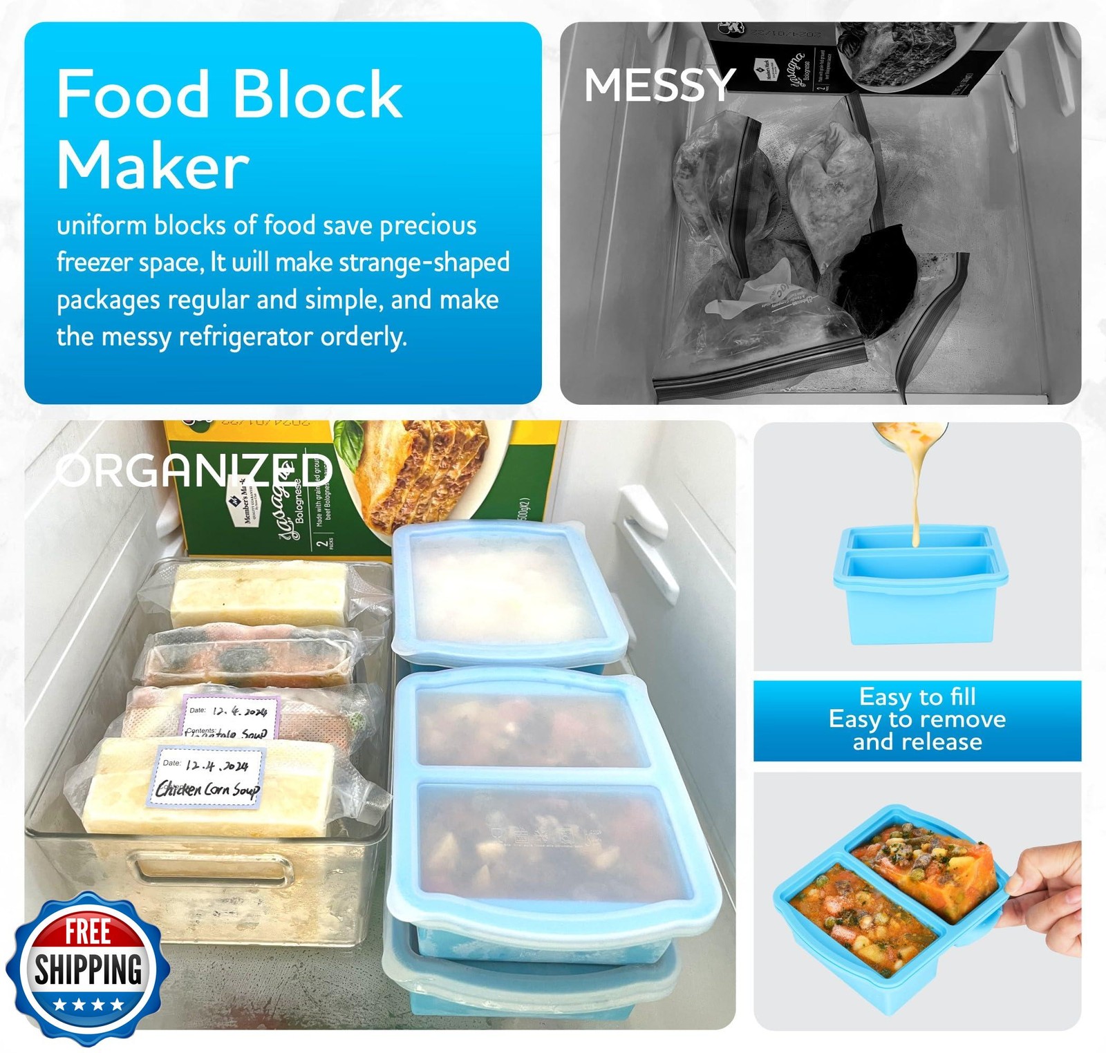 ZIP STANDING Silicone Freezer Trays with Lids, Set of 4 – with 1c