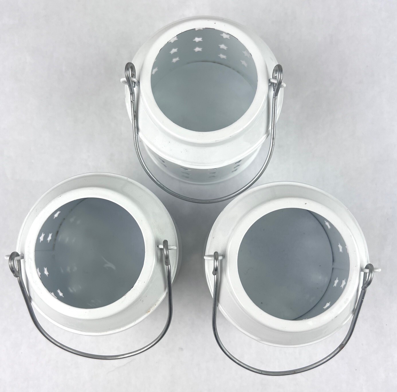 3 White Bucket Pail Handle Star Cut Out Garden Patio Tea Lights Votives