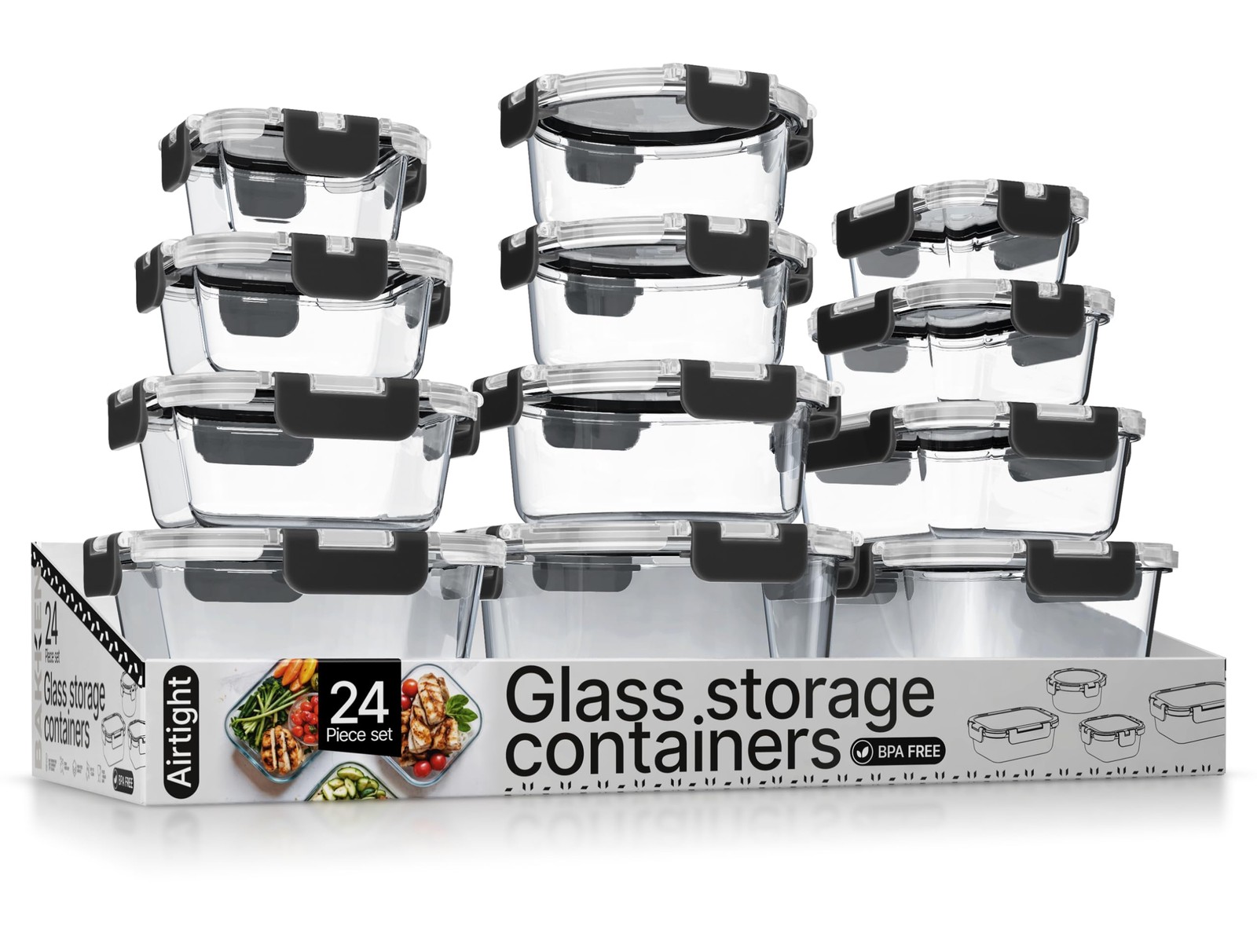 BAKKEN BOROSILICATE GLASS FOOD STORAGE CONTAINERS WITH LIDS 24 PIECES – BLACK