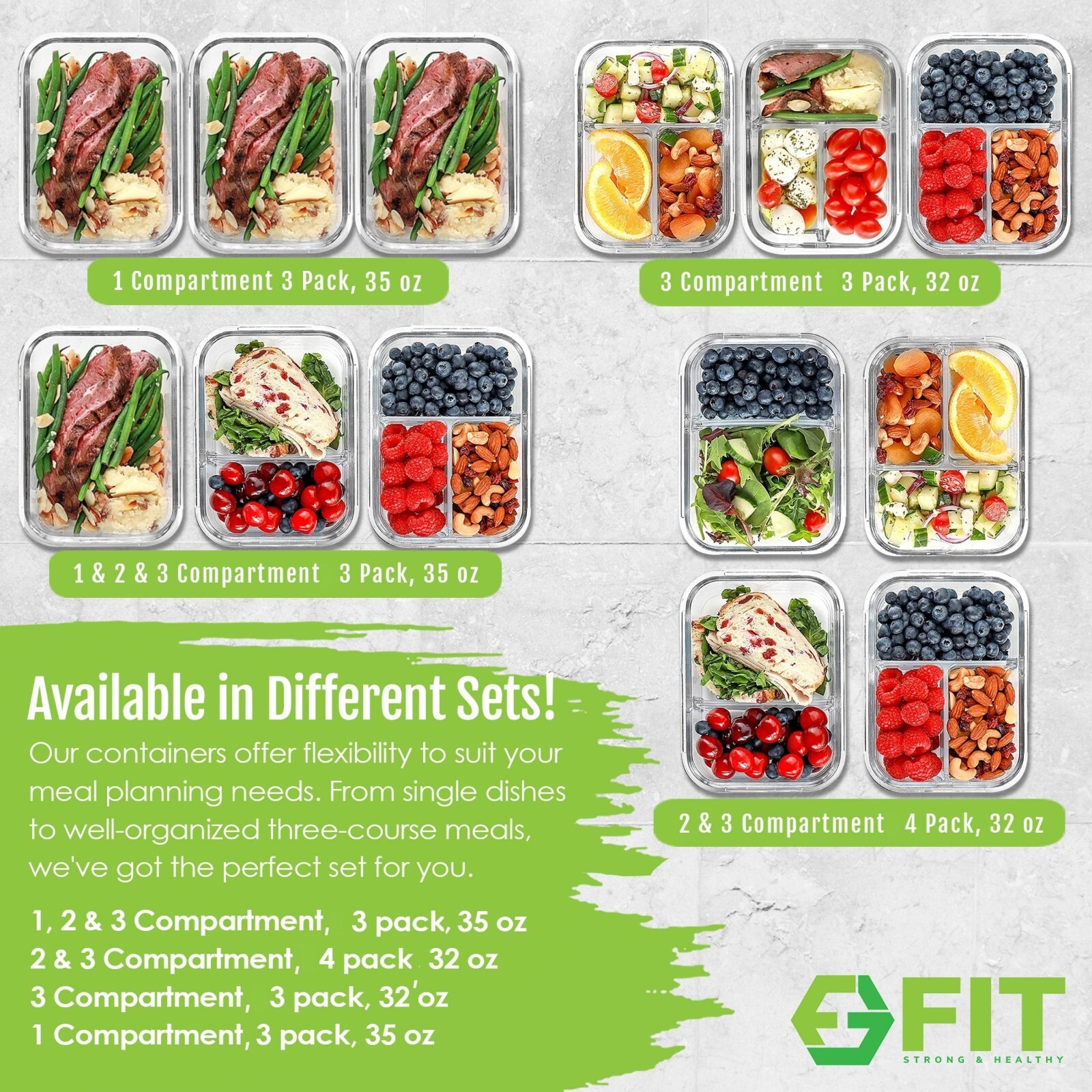 2 & 3 Compartment Glass Meal Prep Containers with BEIGE Lids (4 Pack, 32 oz)