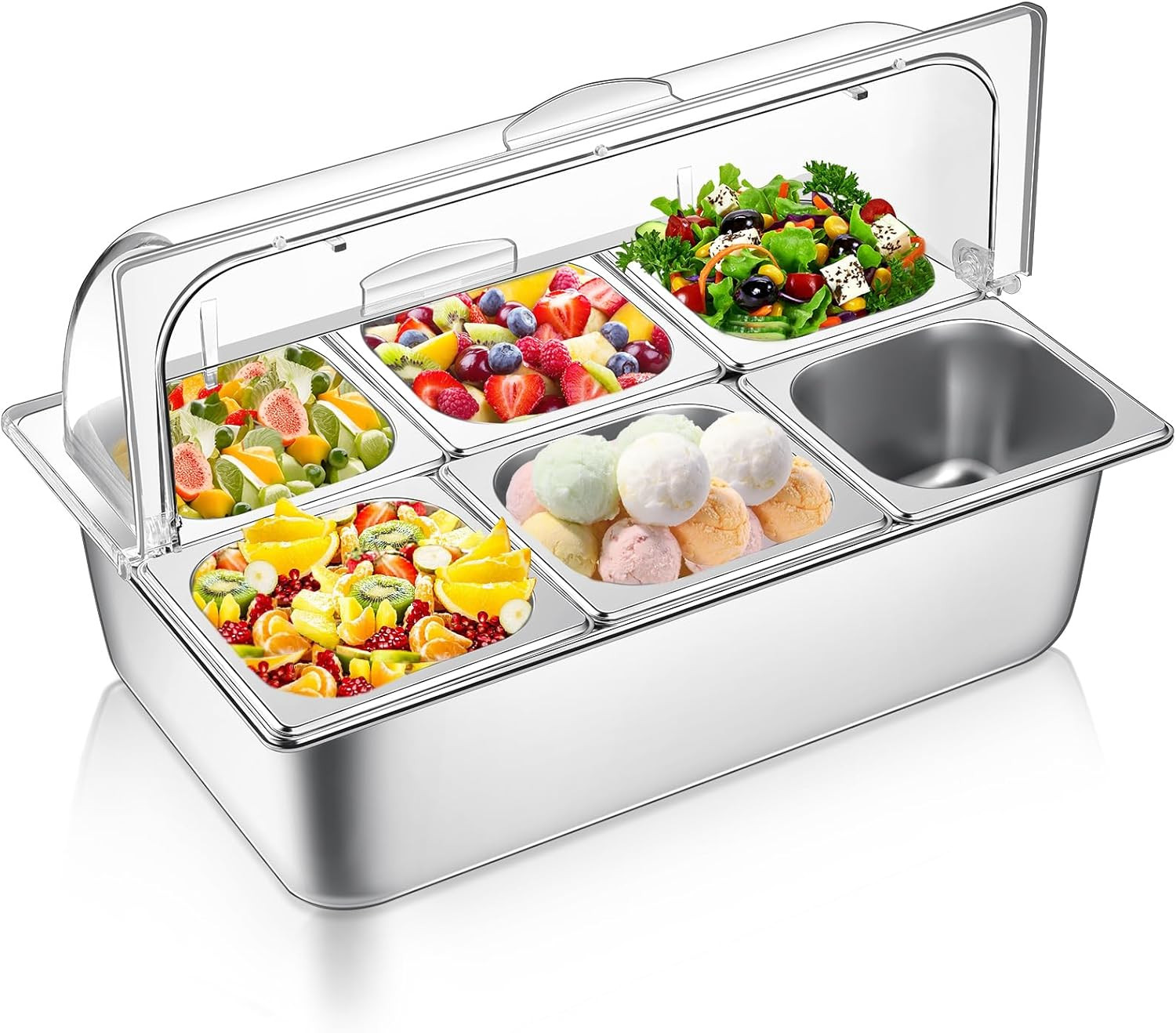 Stainless Steel Buffet Serving Tray with Clear Roll Top for Food Display