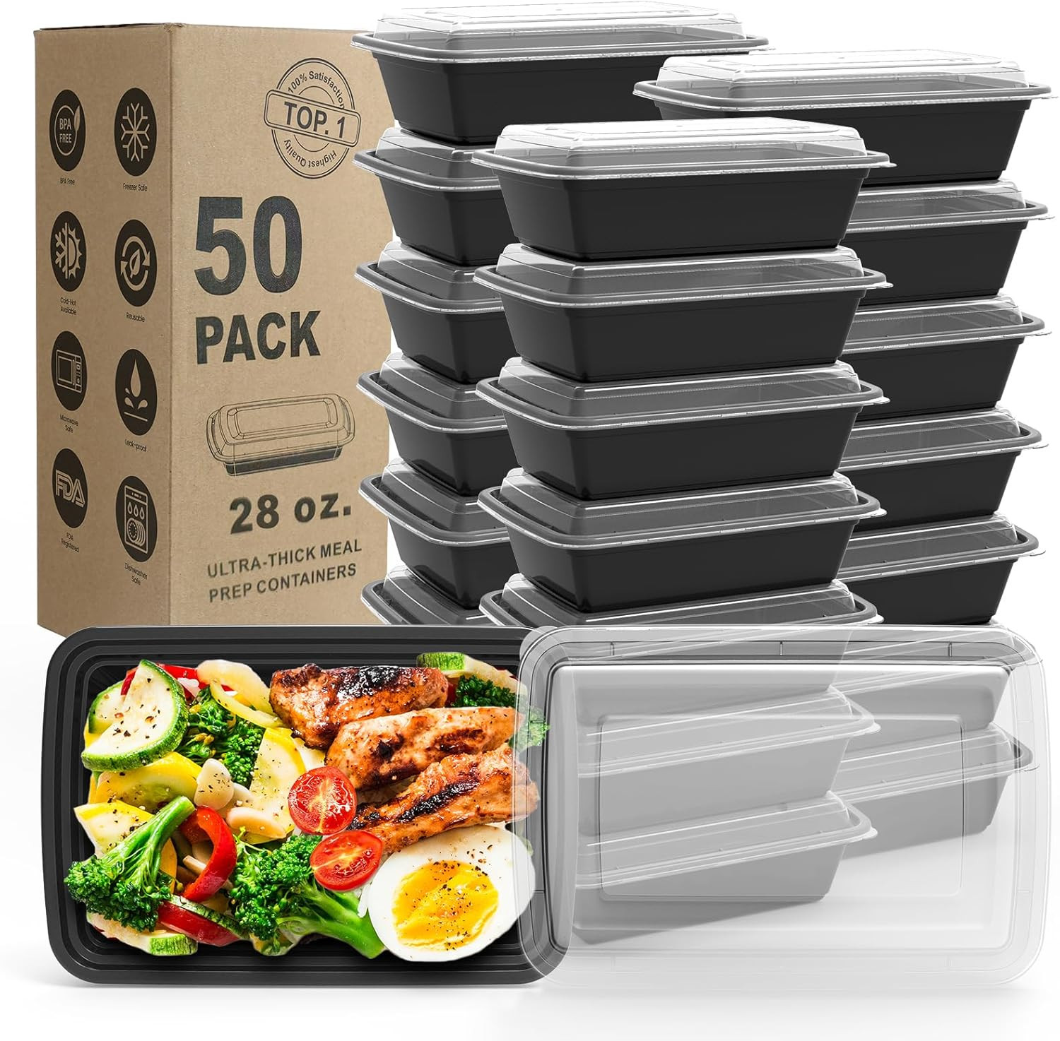 Meal Prep Containers – 50Pack 28OZ Food Containers with Lids, Disposable to Go,