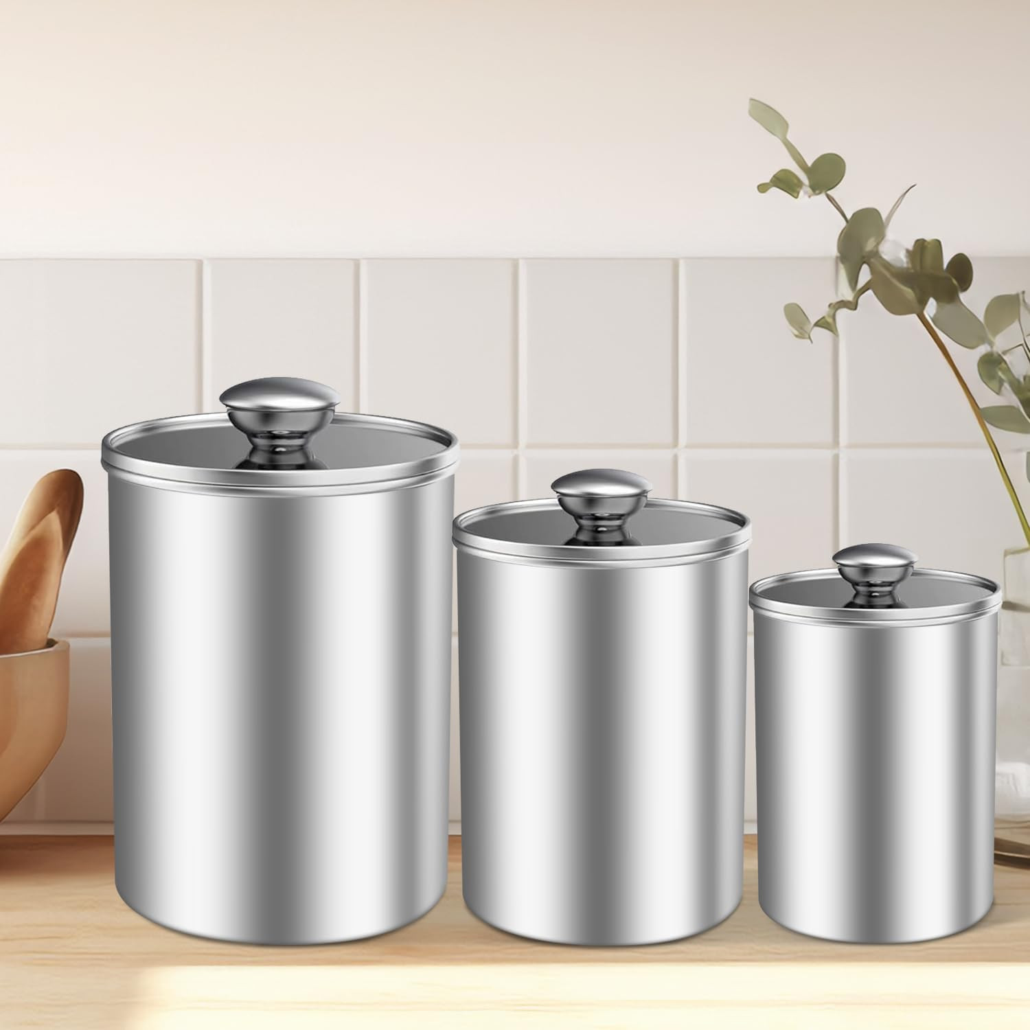 Stainless Steel Food Storage Container Set of 3, 88/61/29 oz with Clear Glass Li