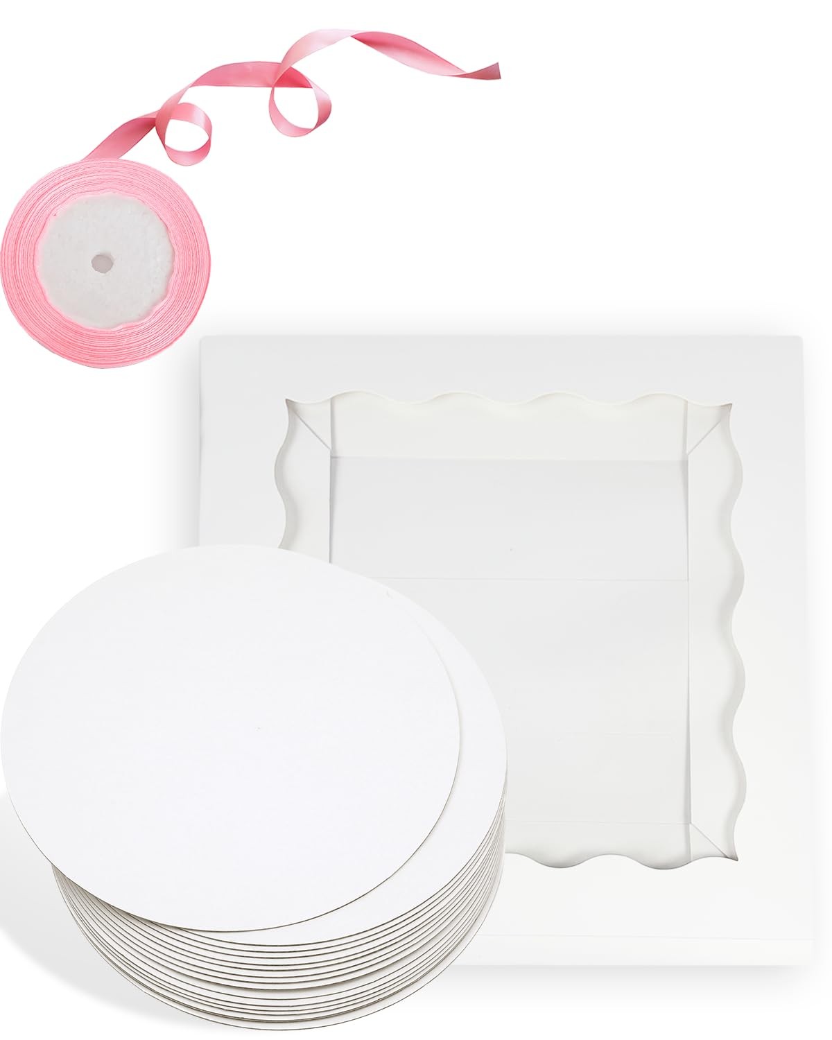 4 Sets 10x10x8 Inch White Cake Bakery Boxes Window 4 Boards Ribbon Container
