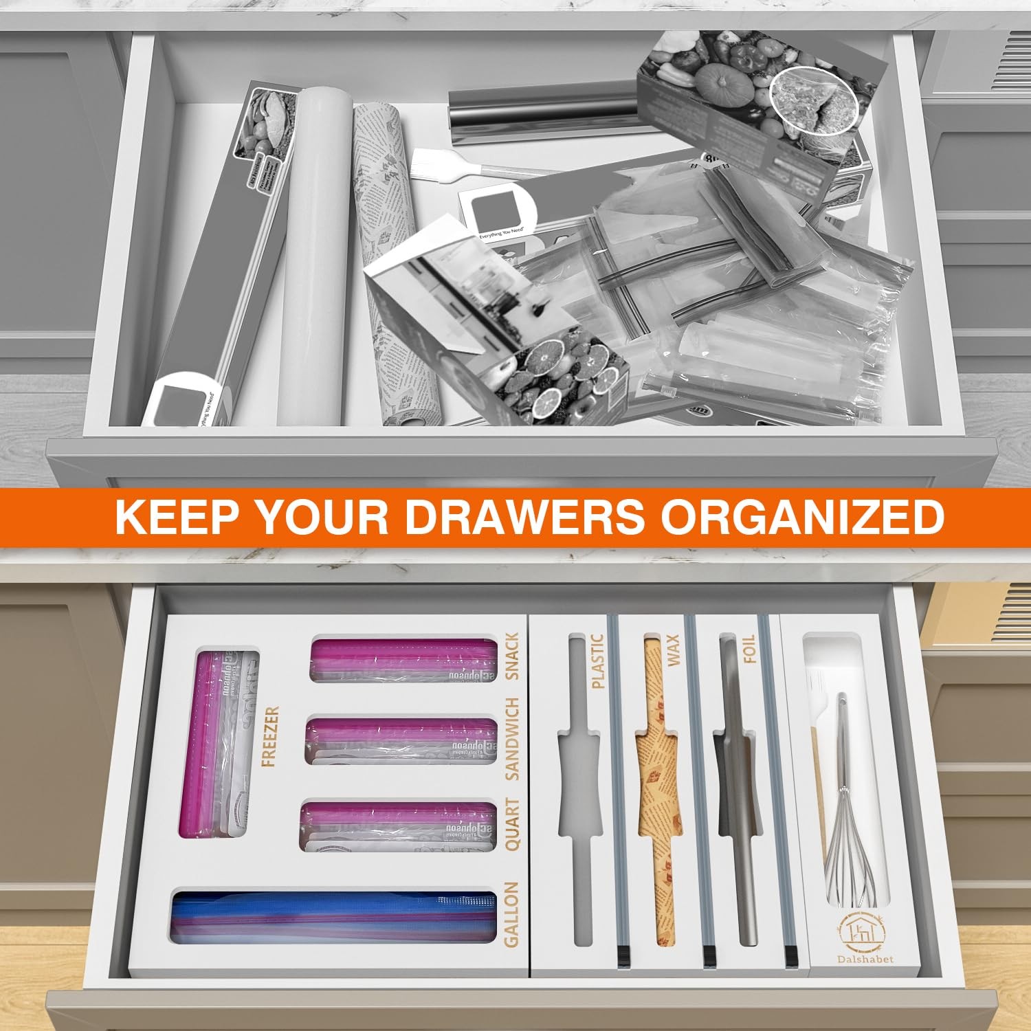 9 IN1 Bamboo Storage Bag Drawer Organizer with Cutter, Foil and Plastic Wrap …