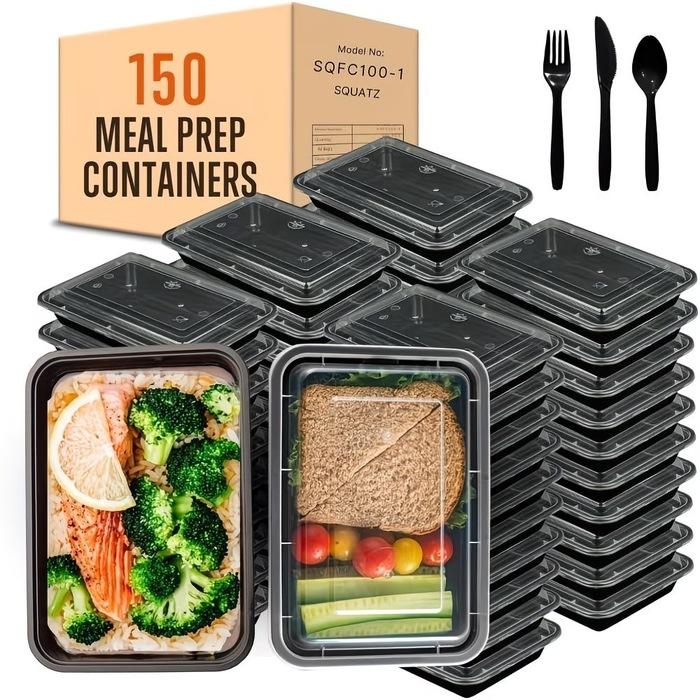 32oz Meal Prep Containers 10/50/150 Pack Black Rectangular BPA-Free Reusable.