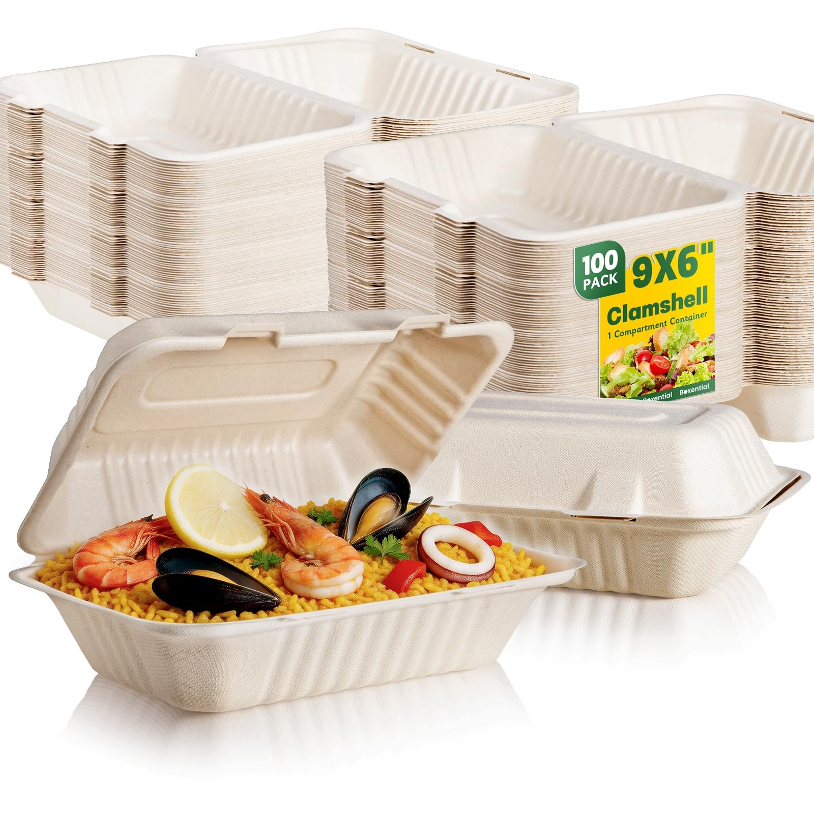 100 Pack Compostable To Go Food Containers 9×6″ | Disposable Clamshell Take O…