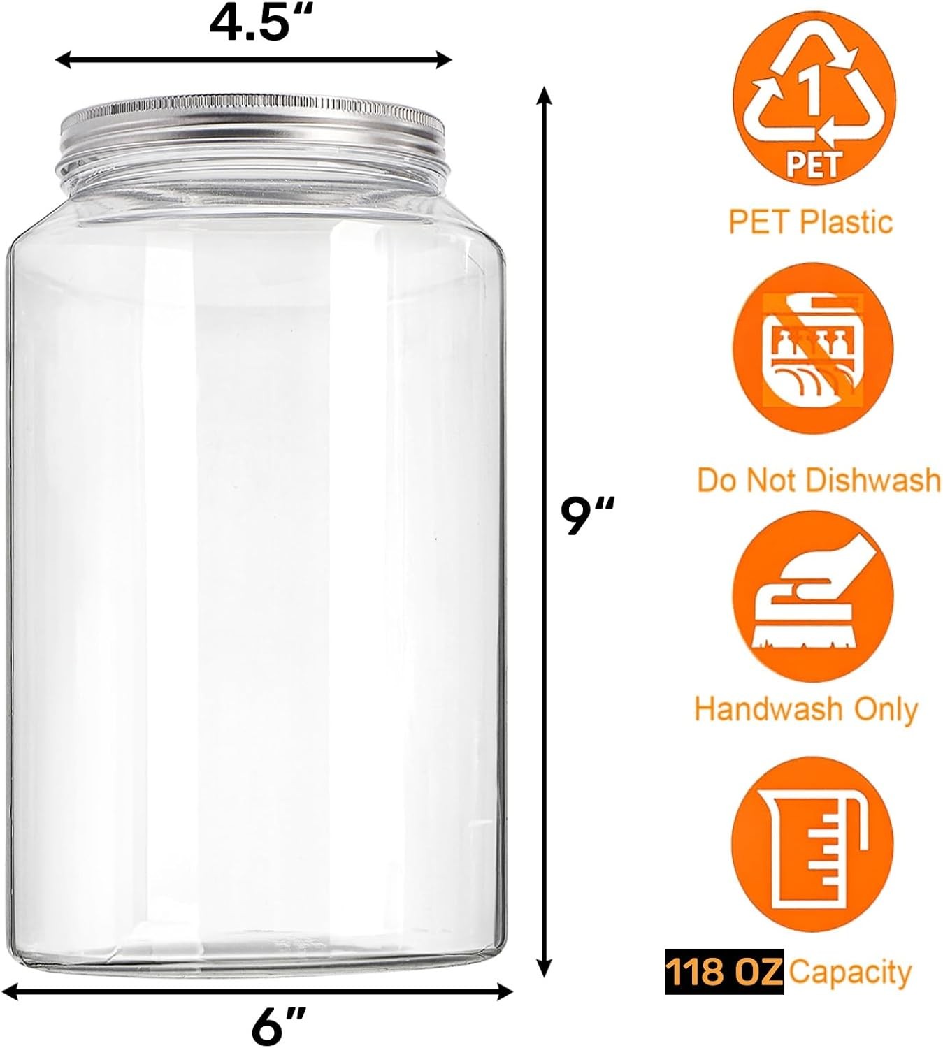 Tlence 2 Pack 1 Gallon Clear Plastic Jars, Large Food Storage Containers with Al