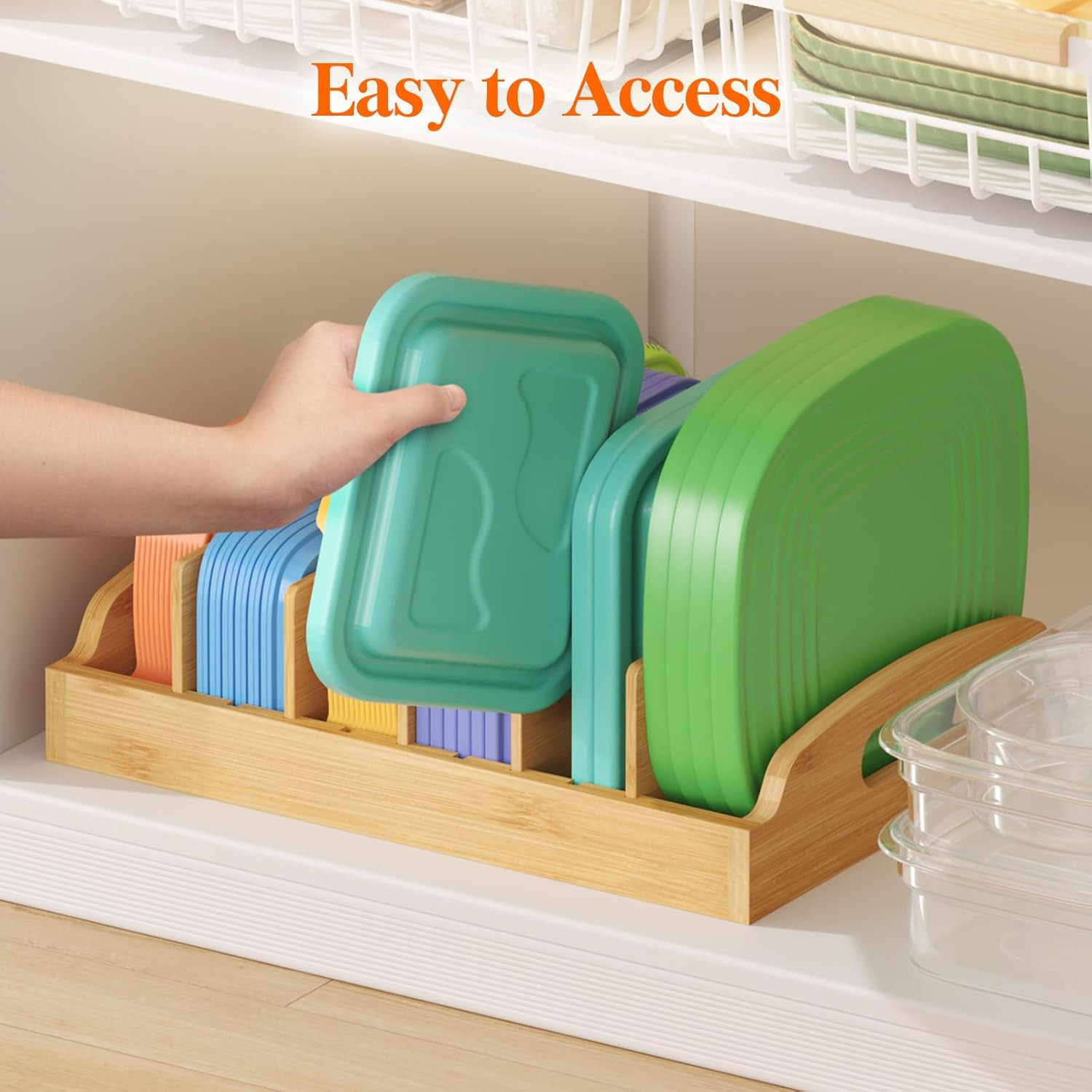 Bamboo Lid Organizers for inside Cabinet, Food Storage Container Lid Holder with