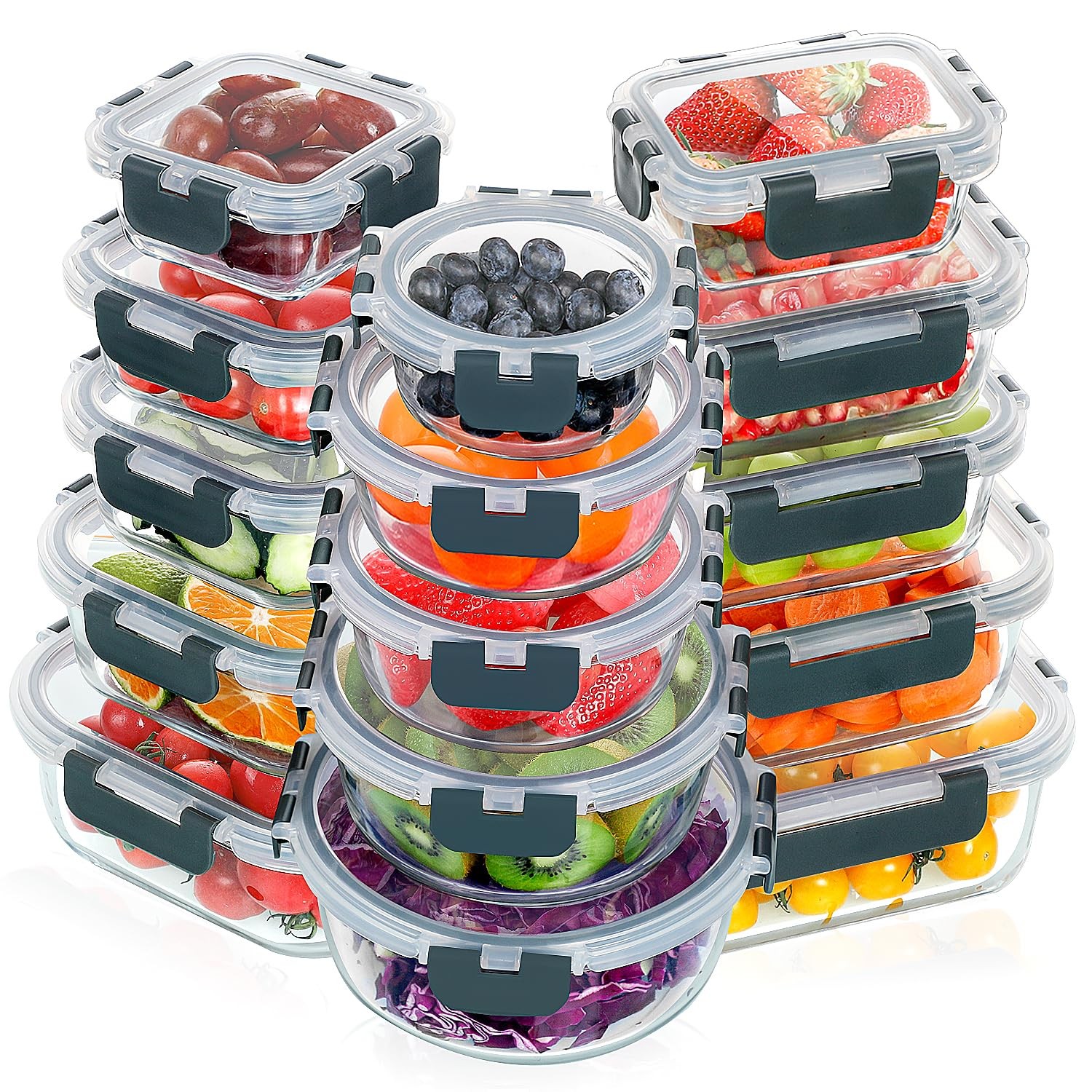 VERONES 30 Pieces Glass Meal Prep 16 inches (L) x 8 (H), Gray