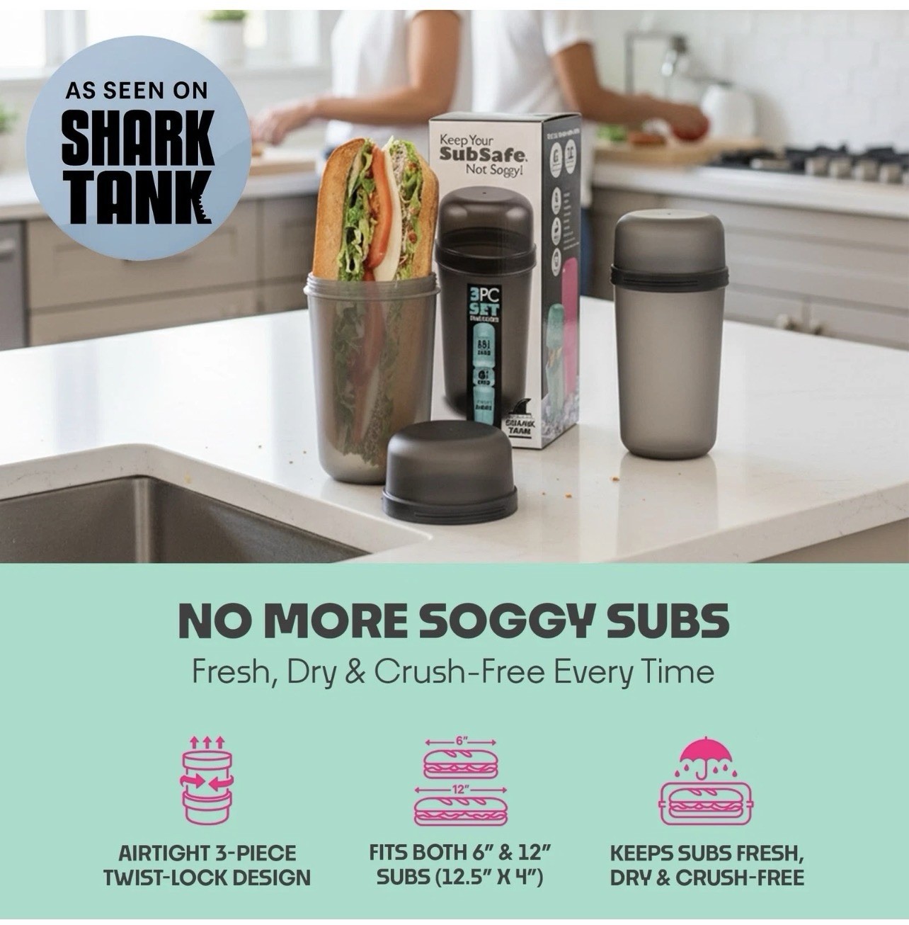 3-Piece Sub Sandwich Container, Charcoal Grey – As Seen on Shark Tank – Water…