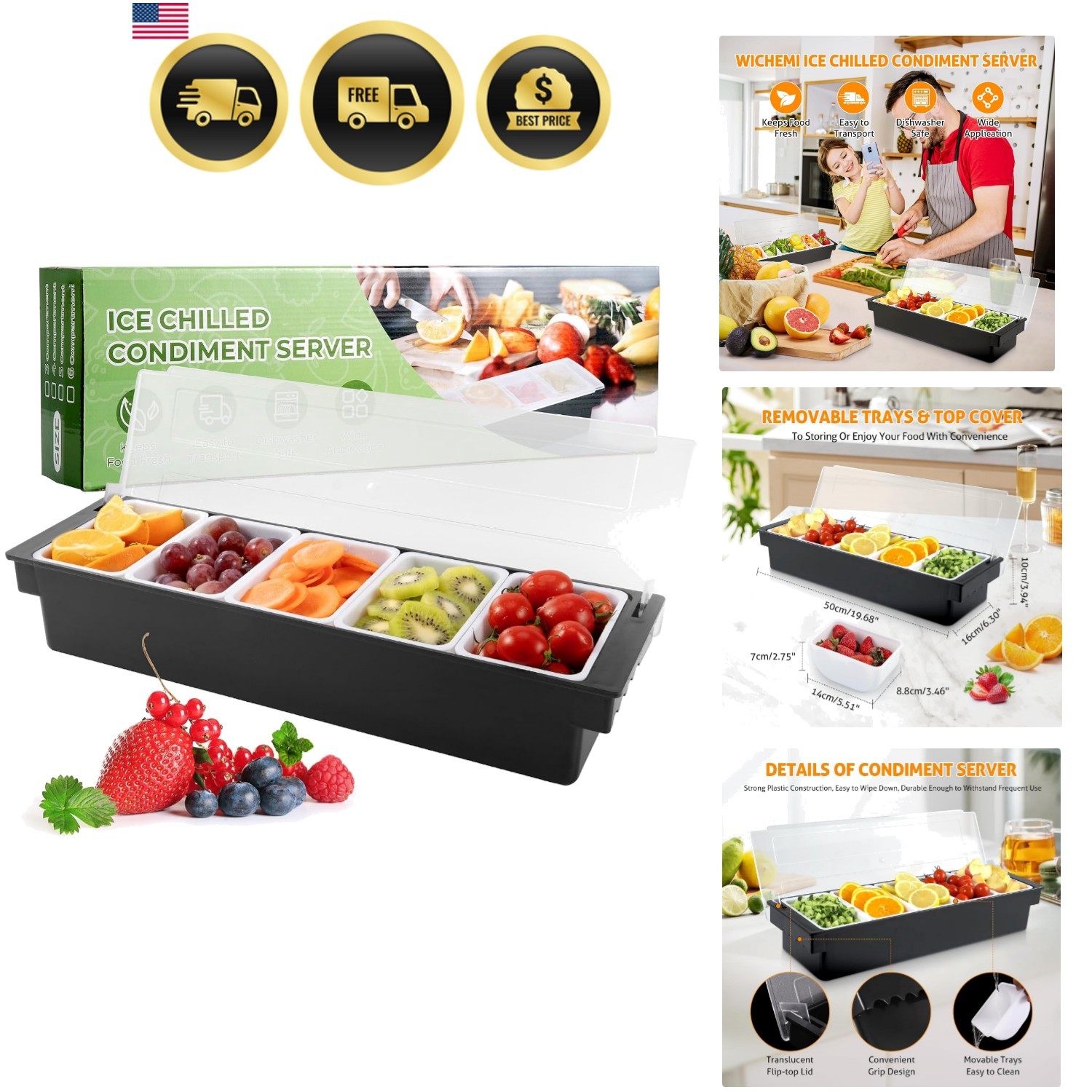 Fruit, Veggie & Condiment Caddy with Lid Dispenser Tray Plastic Garnish Stati…