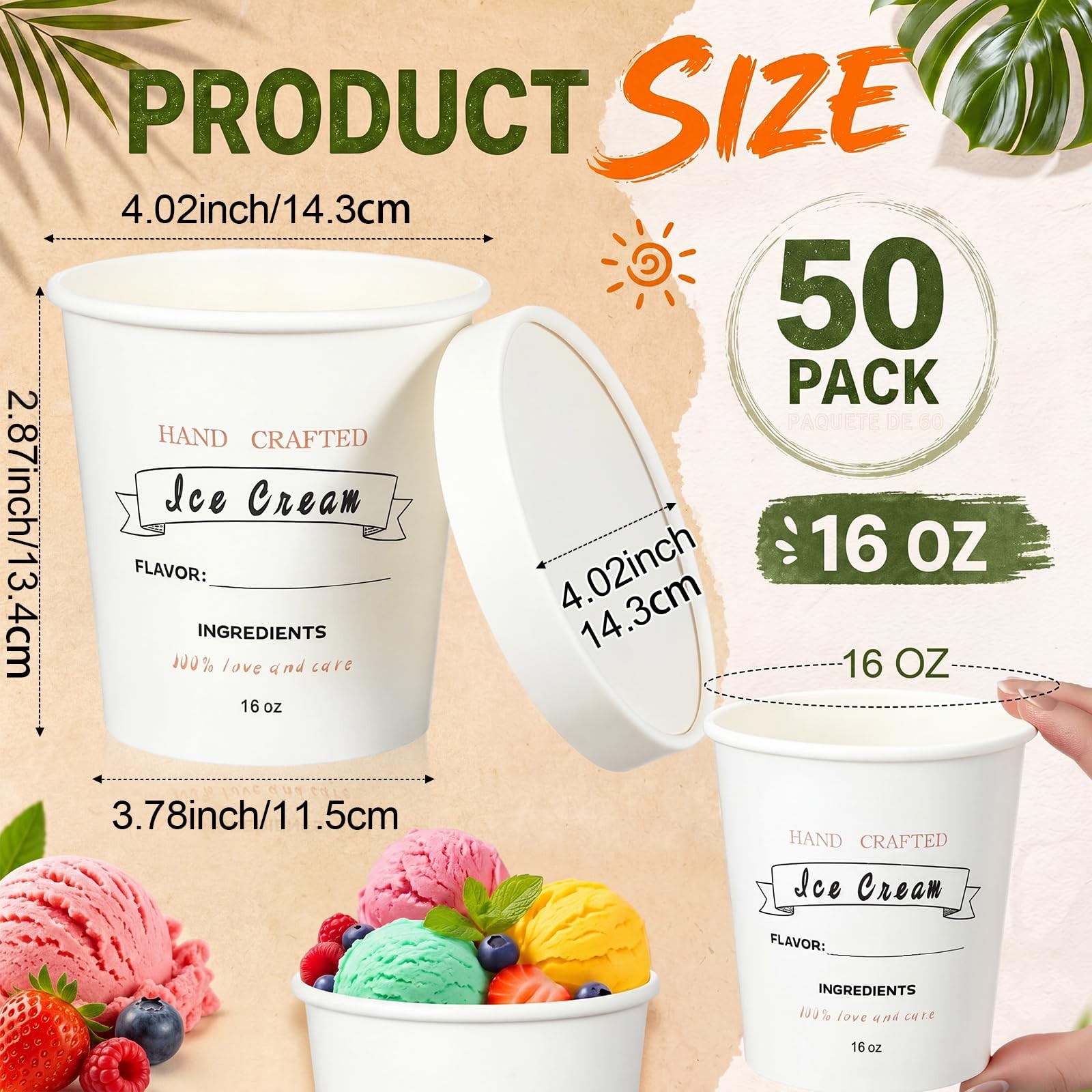50 Pack 16 oz Ice Cream Containers with Lids, Pint Ice Cream Cups with Lids, …