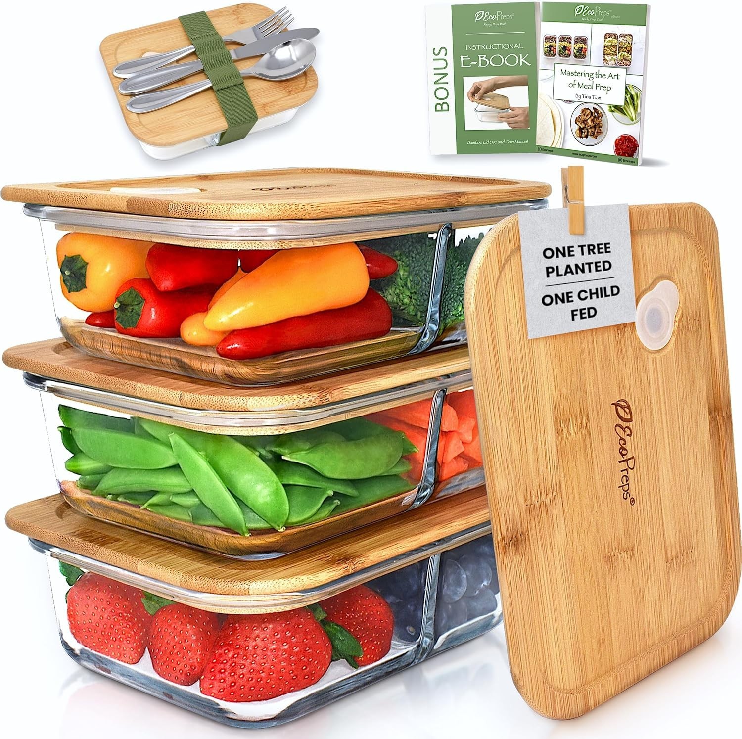 Glass Meal Prep Containers with Bamboo Lids, 2 Compartment Glass Bento Box Co…