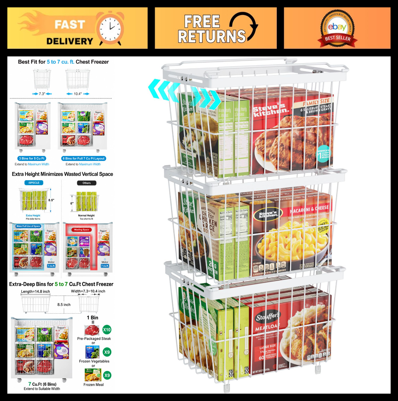 Adjustable Freezer Organizer Bins – 3 Pack Stackable Storage Baskets for 5-7 Cu.