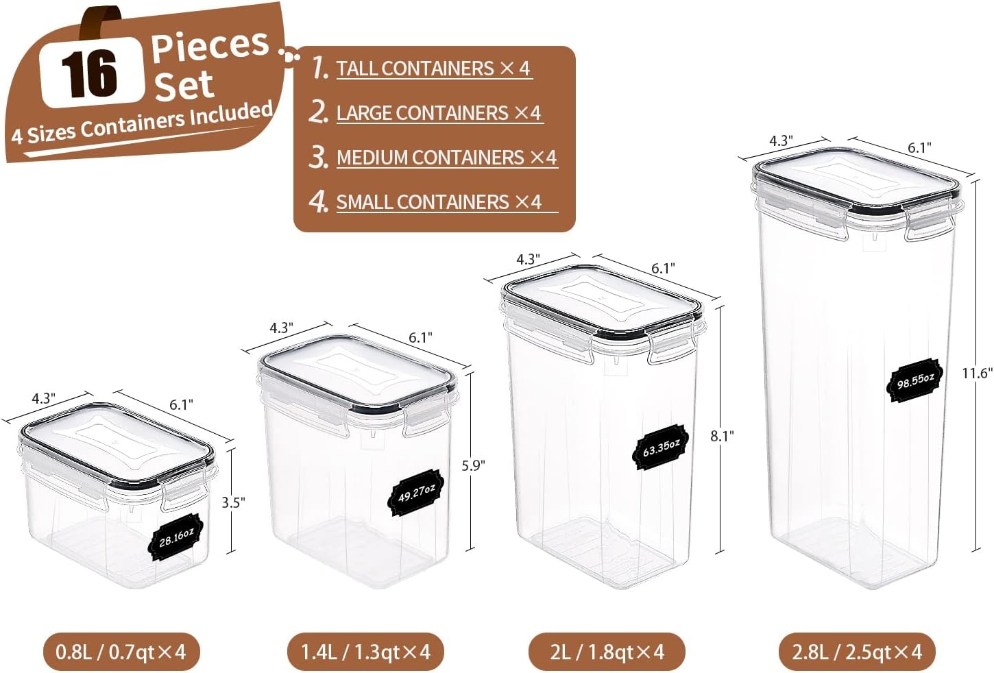 Airtight Food Storage Containers Set 16 Pcs BPA Free Plastic Dry Food Canisters