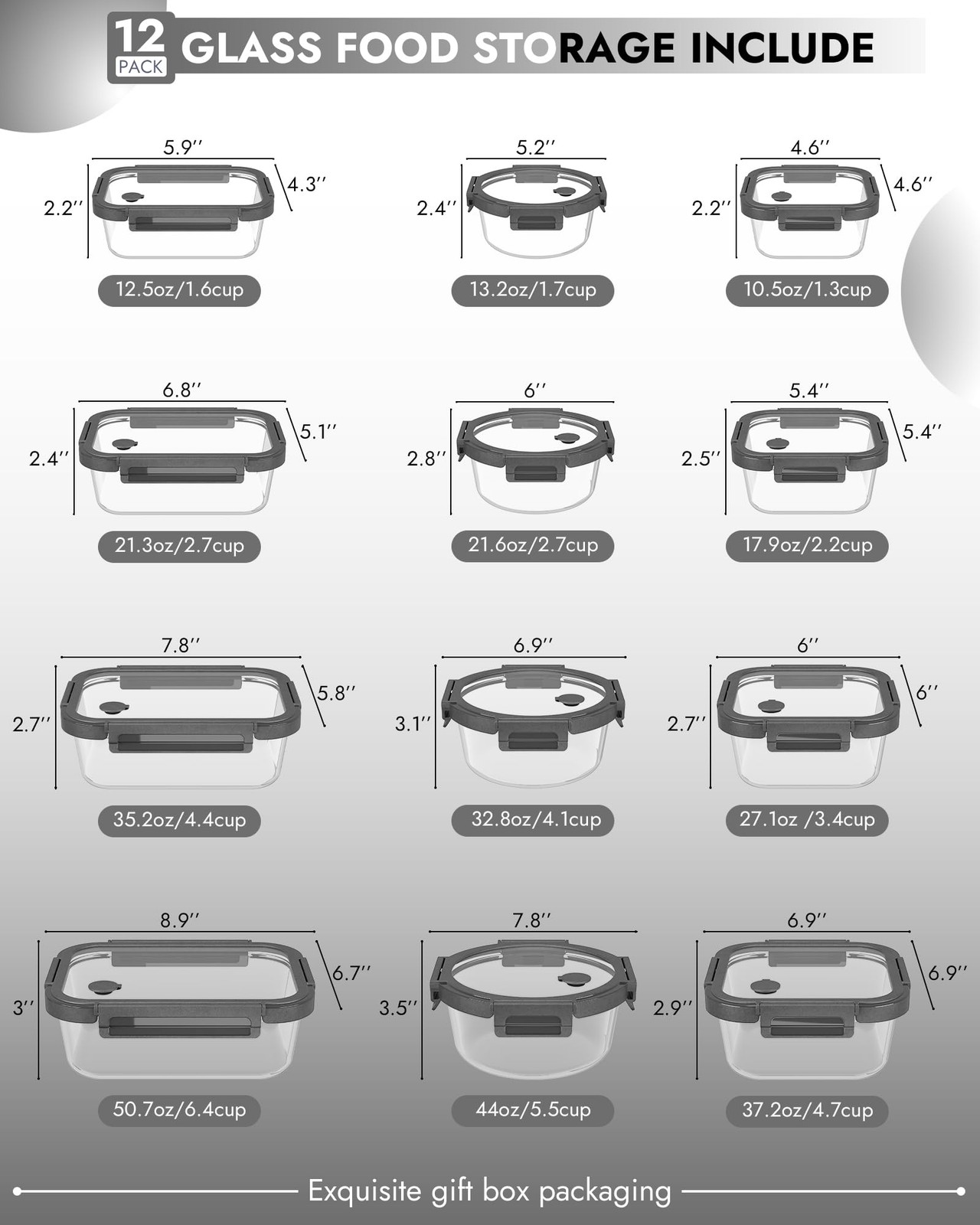 12-Pack Glass Containers with Tempered Lids – Borosilicate, Oven-Safe(-4°F~95…
