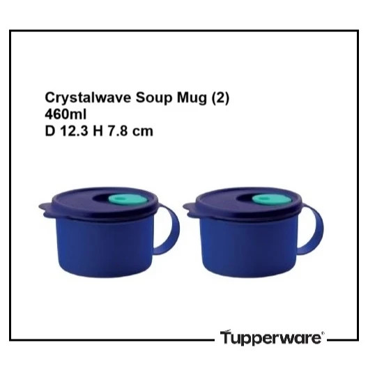 2 Tupperware Dark Blue Round Plastic Microwaveble CystalWave Soup Mug 460ml Set