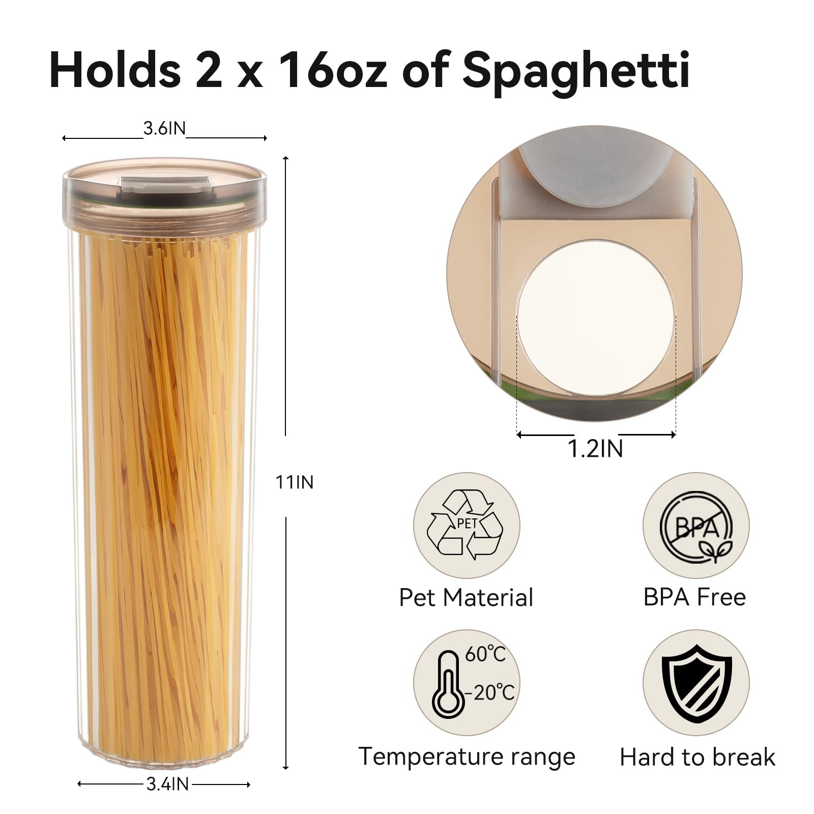 2 Pack Spaghetti Pasta Storage Container-48oz Clear Pasta Holder Airtight Spa…