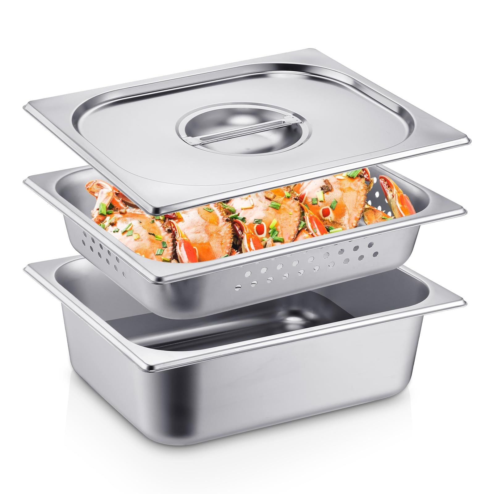 3 Pack Half Size 2.6/4 Inch Hotel Pan With Lid Perforated Steam Table Tray