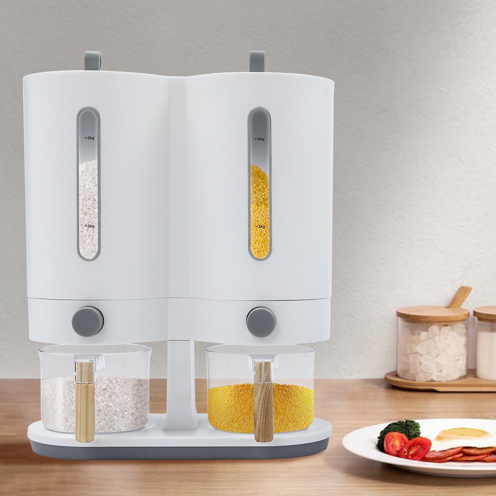 Free-standing Dual Control Food Storage Dispenser w/2 Rice Cups grains, rice