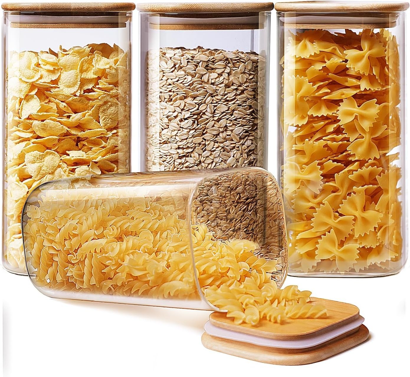 Square Glass Jars with Bamboo Lids 53 FL OZ [Set of 4], Glass Canisters with