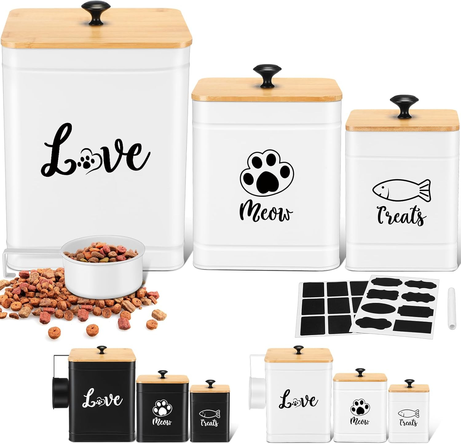 Metal Airtight Cat Food Containers Set of 3 with Bamboo Lids and Spoon 7+3+2 Lbs