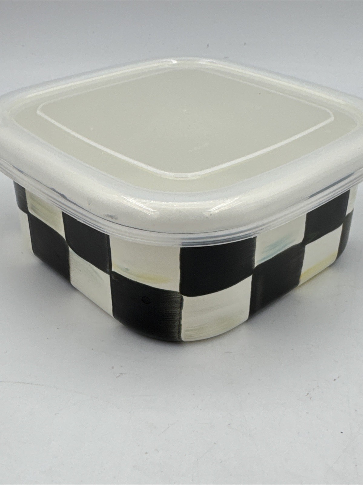 MacKenzie Childs Courtly Check Enamel Storage Container w Lid 4.5” x 4.5” x 2”