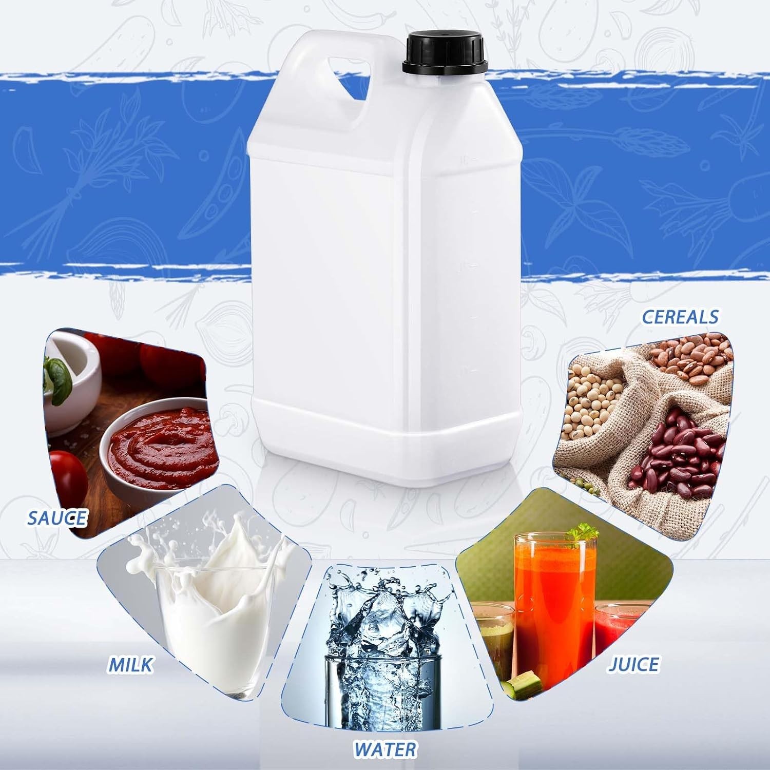 HDPE Plastic Storage Jugs with Lids Five Pack One Gallon for Home and Commercial