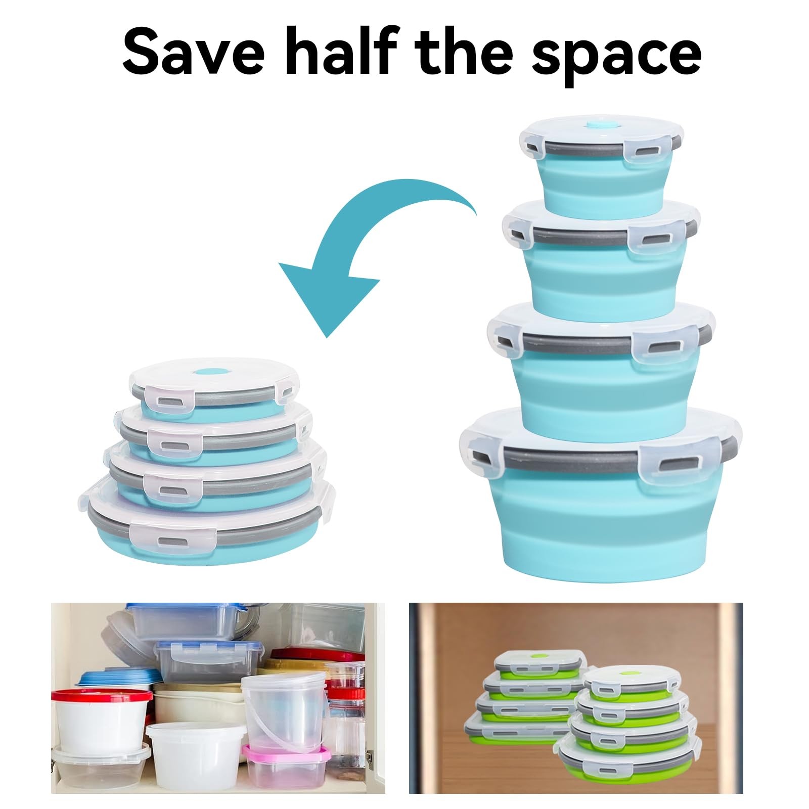 16 Pieces Collapsible Food Storage Containers 8 Pcs Rectangle and 8 Pcs Round…