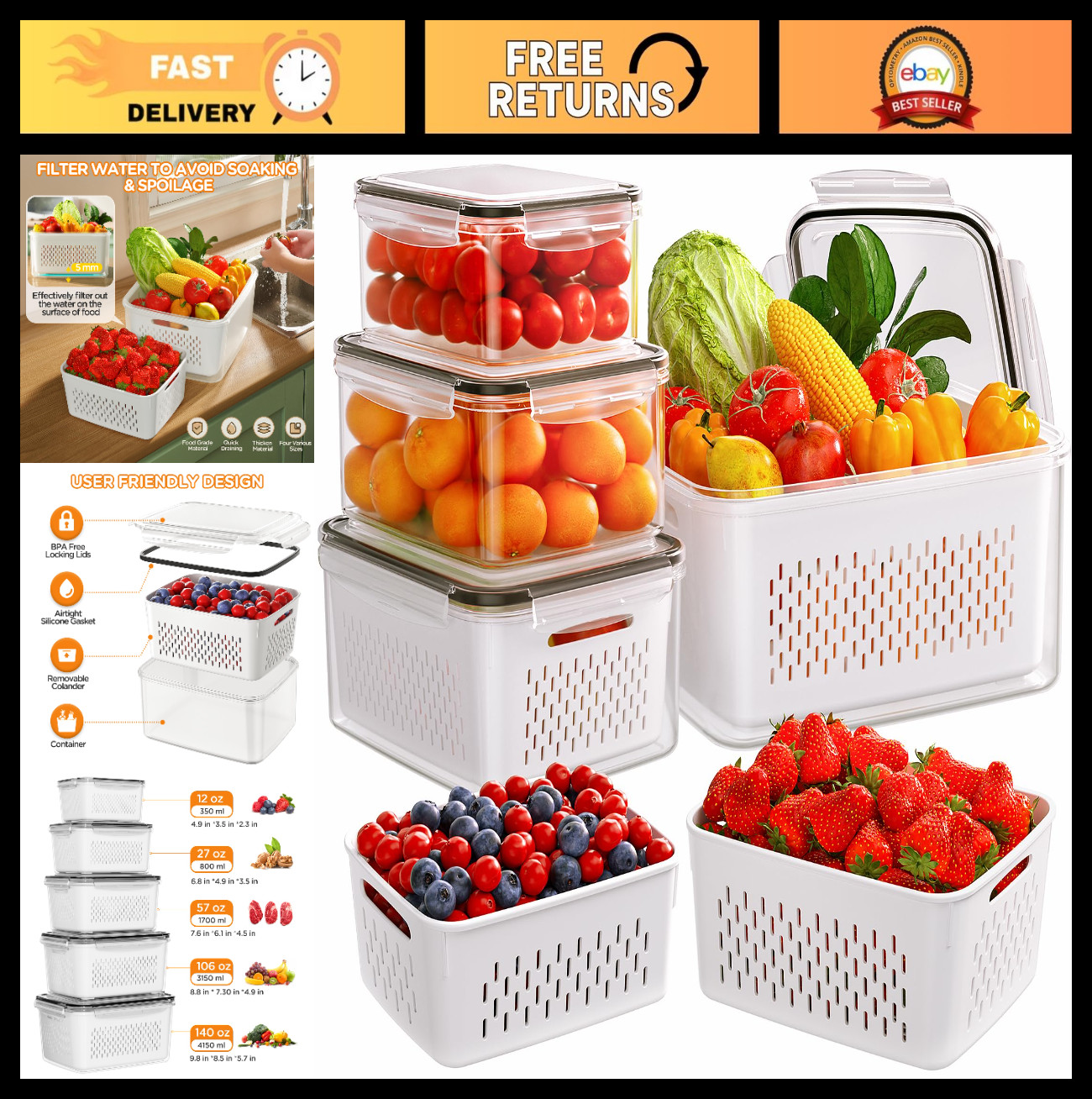 5-Pack Leakproof Fruit & Vegetable Storage Containers with Lids & Colanders – Fr
