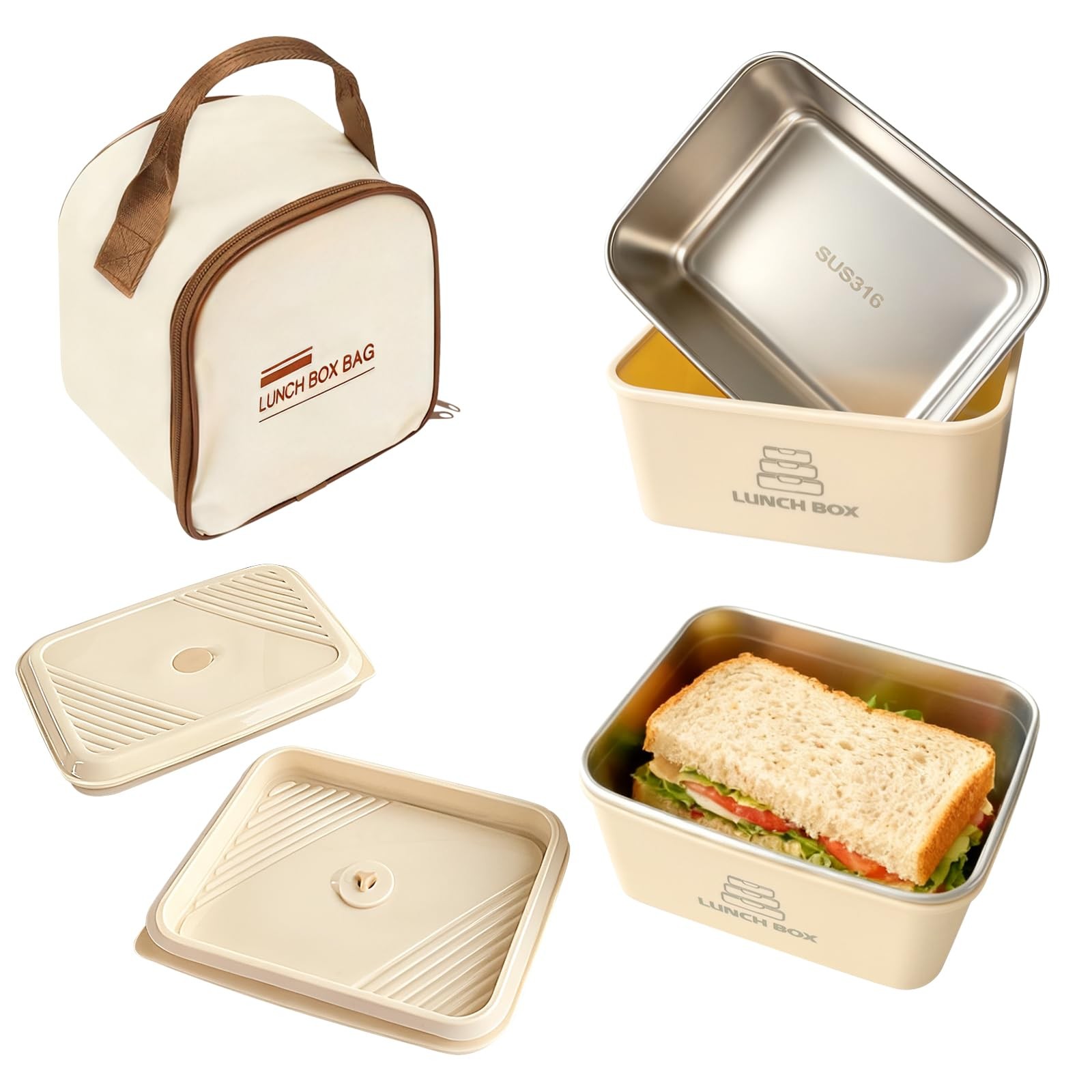 realexist 2 Pack Stainless Steel Bento Box,Leakproof 316 Regular, Beige