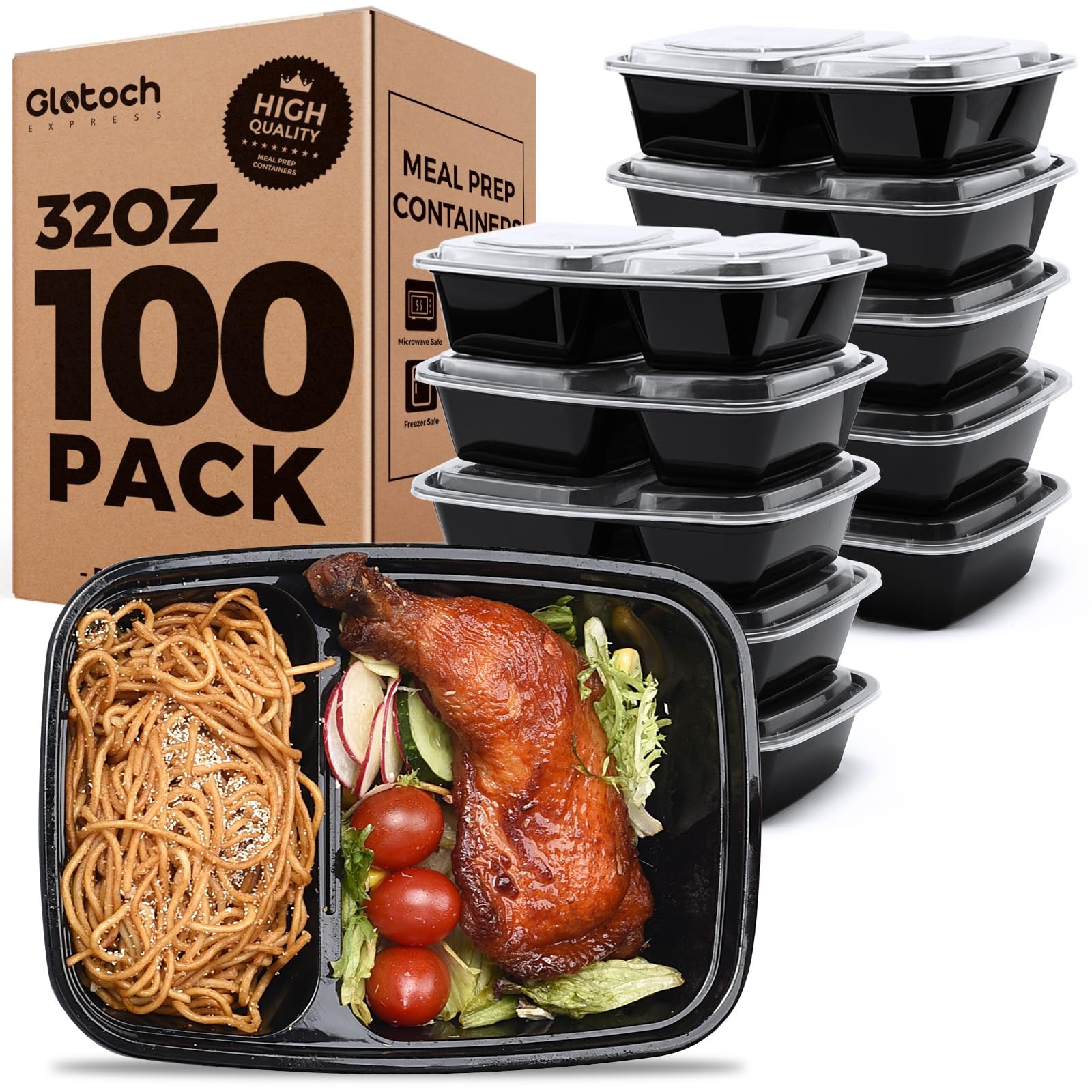 100 Pack (200-Piece)32 oz Meal Prep Containers,2-Compartment Reusable Food St…