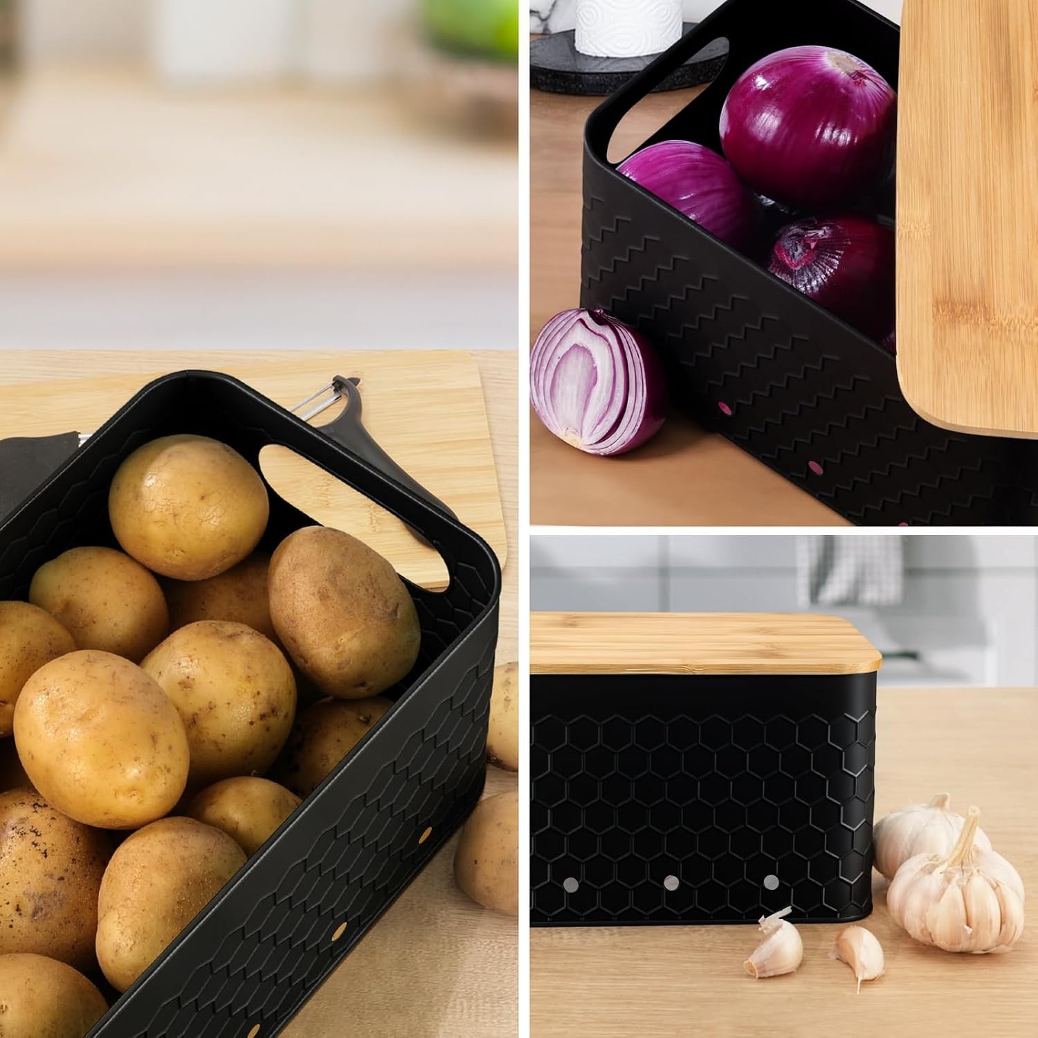 Kitchen Vegetable Storage Set of 3, Metal Onion Garlic Potato Storage Set, Kitch