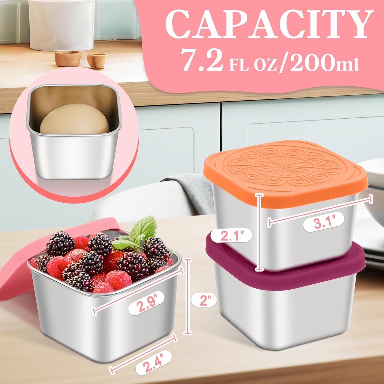 Stainless Steel Snack Containers for Kids,7.2Oz Easy Open Leak Proof Reusable Sn