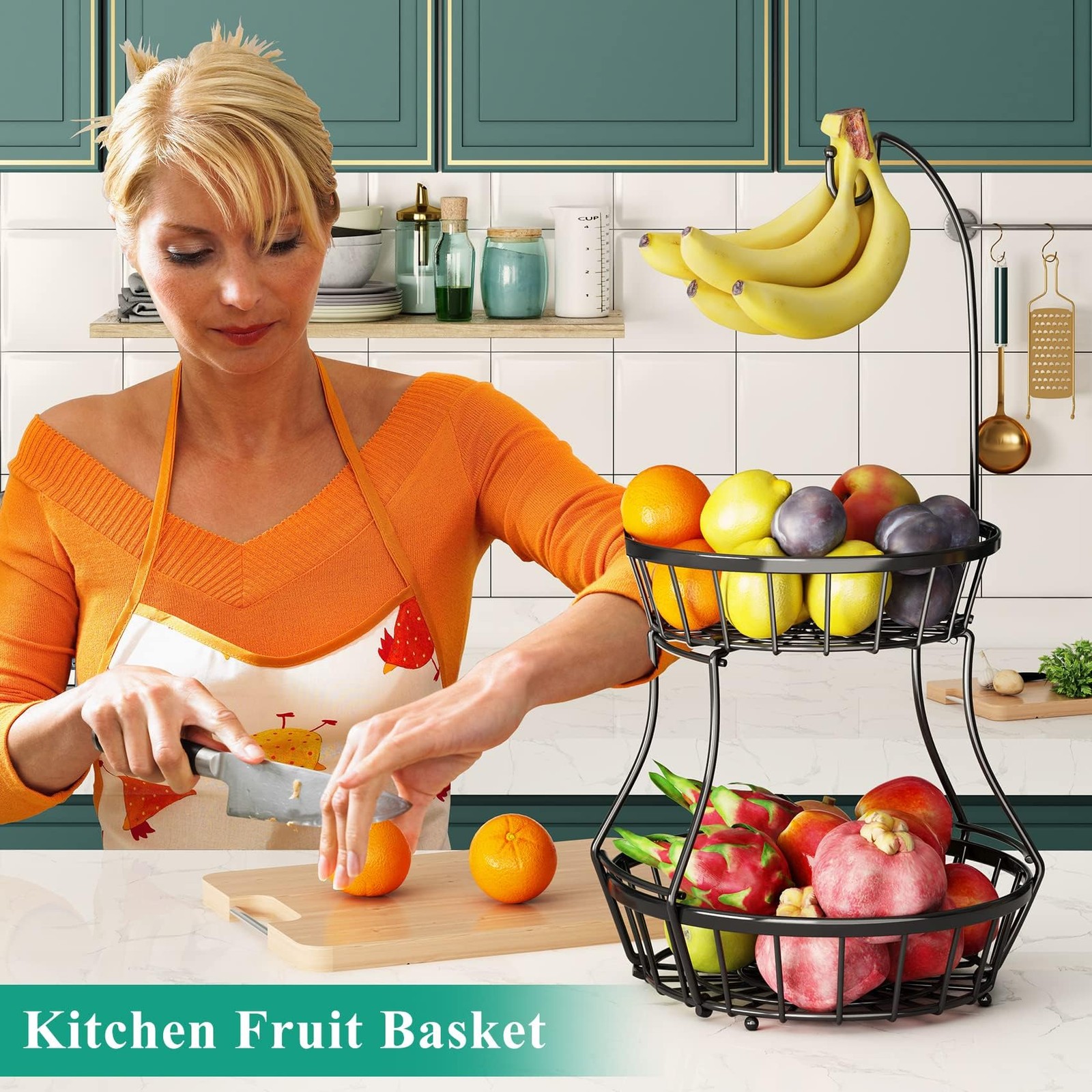 SAYZH 2-Tier Fruit Basket Bowl Stackable 2 Tiers (10.7”+11.8”）, Black