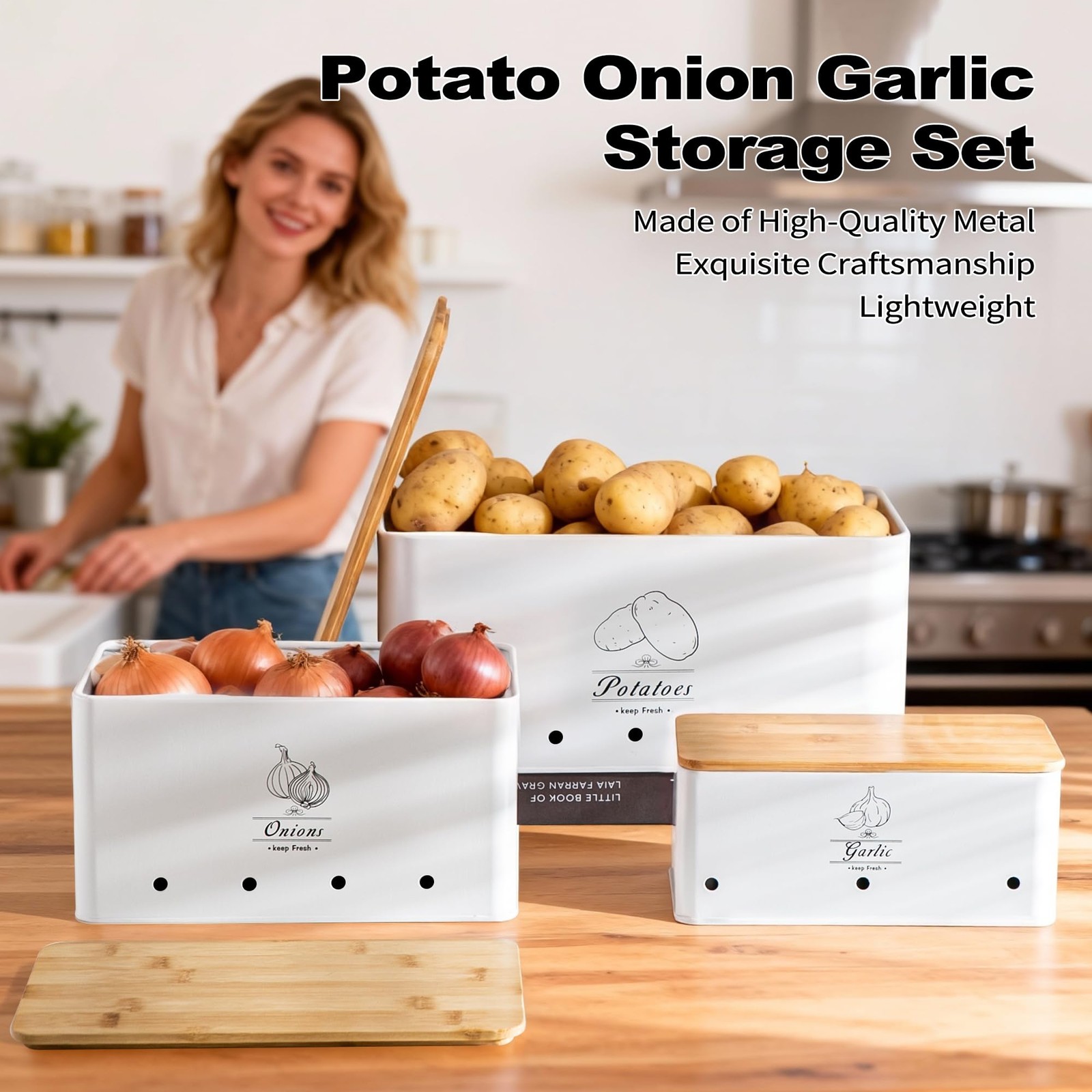 Tenforie Metal Potato Onion and Garlic Storage Tin Set of 3, White Kitchen Ve…